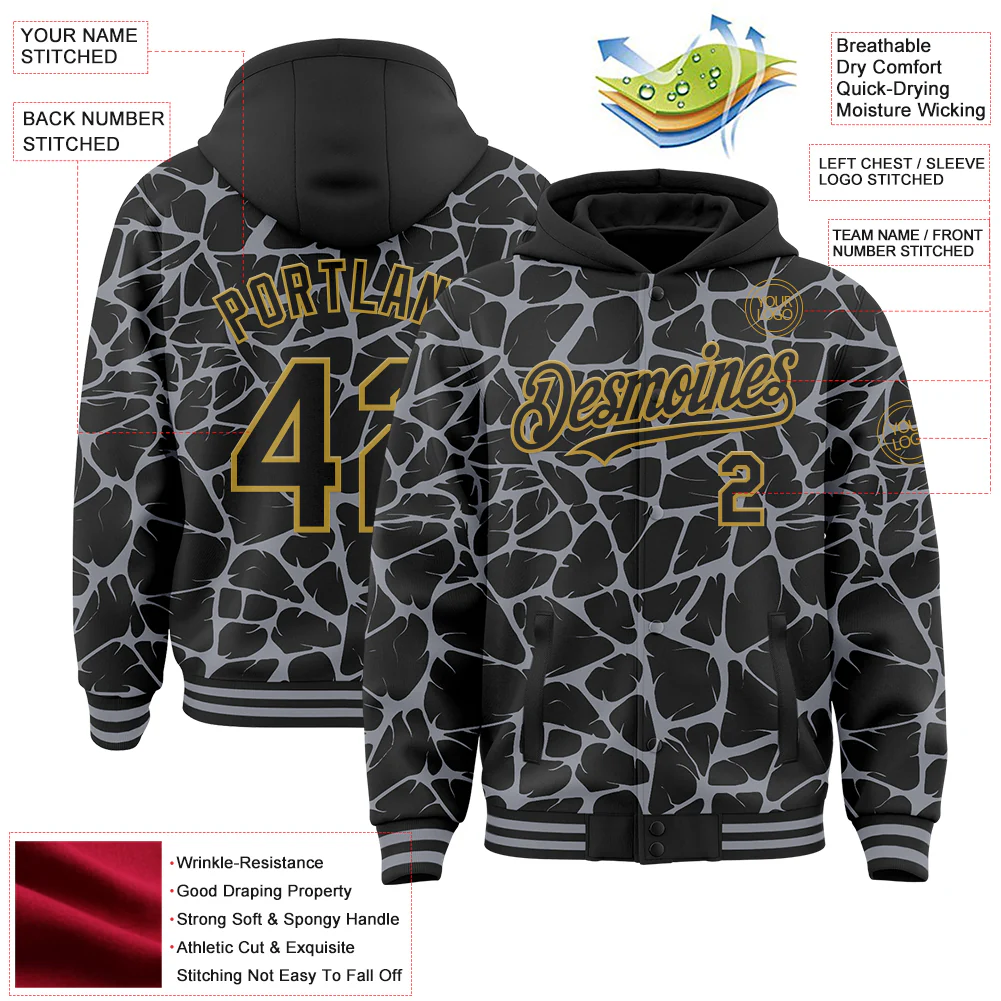 Custom Black Gray-Old Gold Abstract Network Bomber Full-Snap Varsity Letterman Hoodie Jacket - Image 4