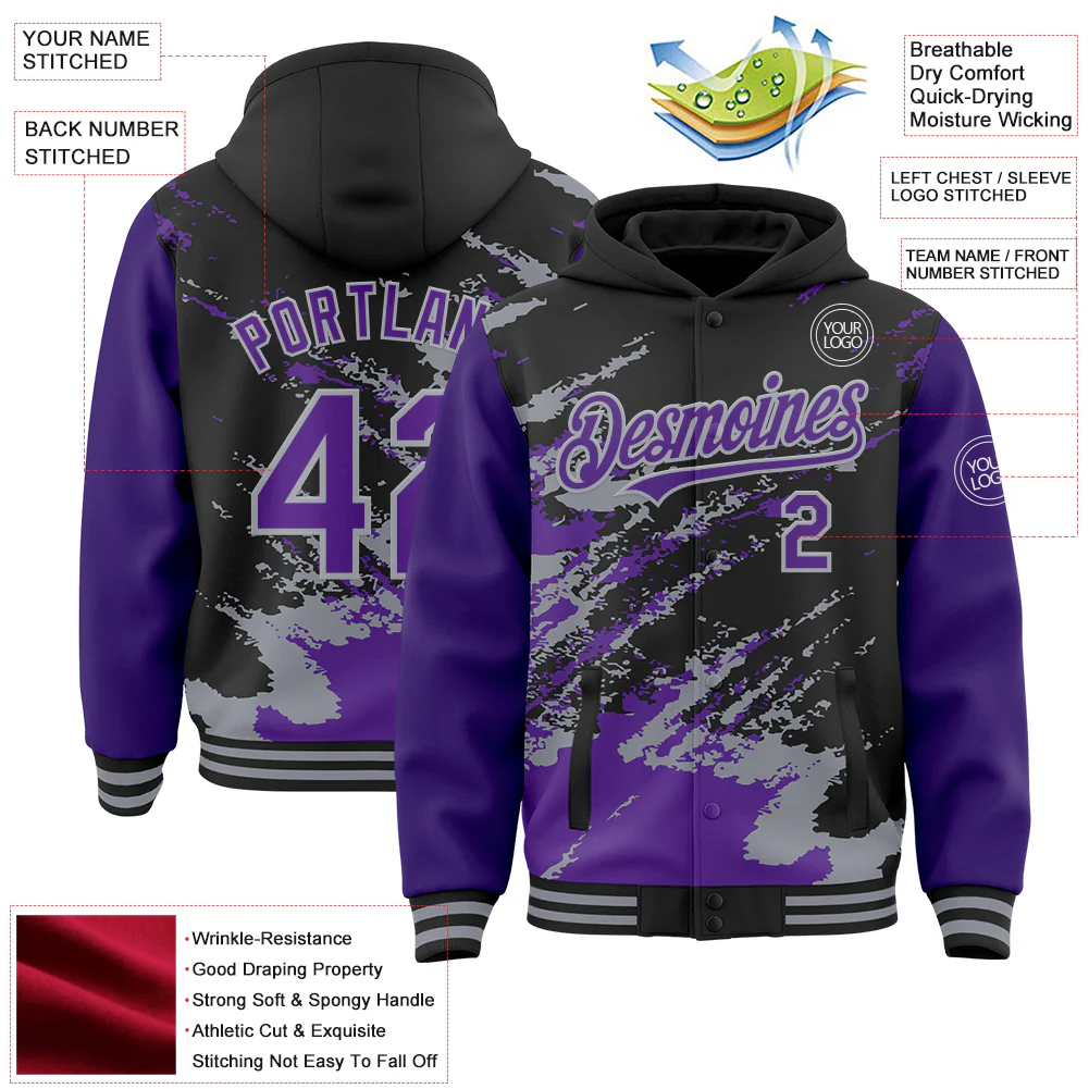 Custom Black Purple-Gray Splash Art 3D Pattern Design Bomber Full-Snap Varsity Letterman Hoodie Jacket - Image 4