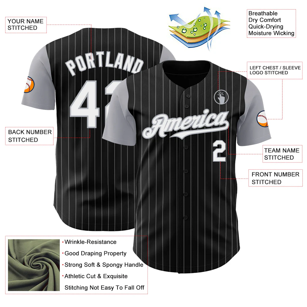 Custom Black Gray Pinstripe White Authentic Two Tone Baseball Jersey - Image 3