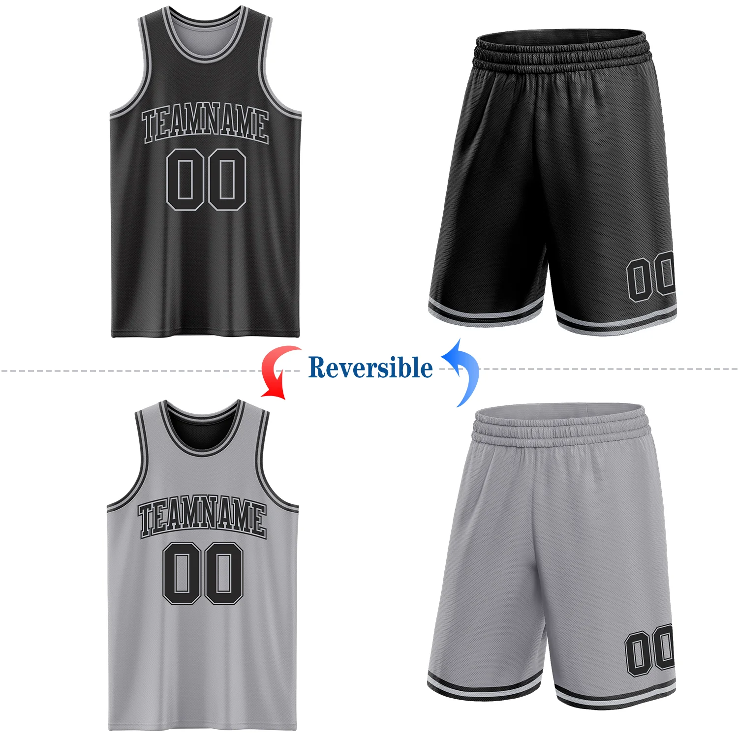 Custom Reversible Black Gray Double Side Sublimation Basketball Suit Jersey - Image 2