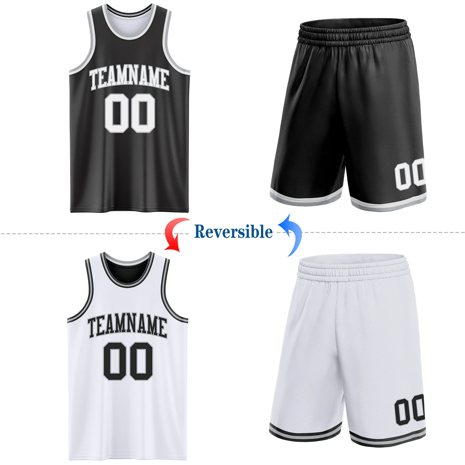 Custom Reversible Black White-Gray Double Side Sublimation Basketball Suit Jersey - Image 2