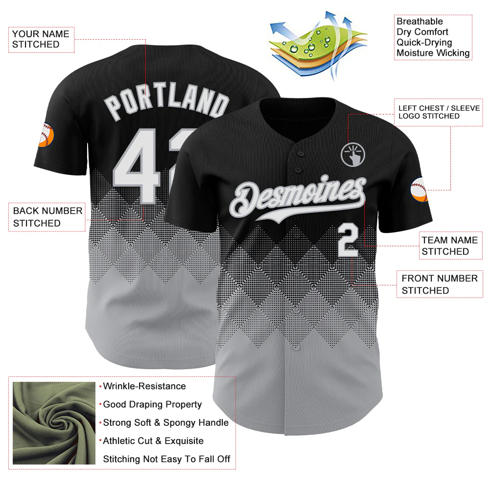 Custom Black White-Gray 3D Gradient Square Shape Authentic Baseball Jersey - Image 3