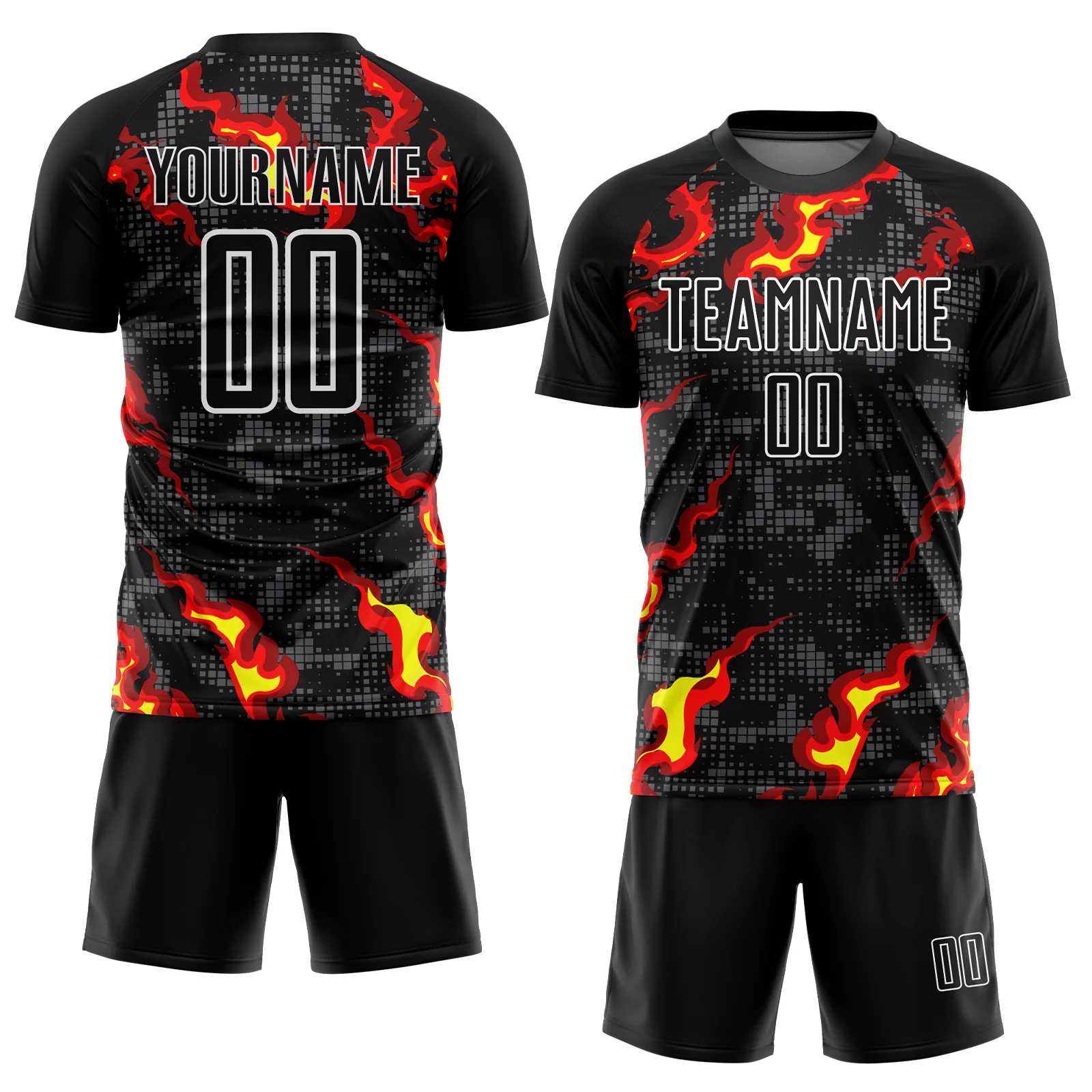 Custom Black Gray Red-Gold Flame Sublimation Soccer Uniform Jersey - Image 2