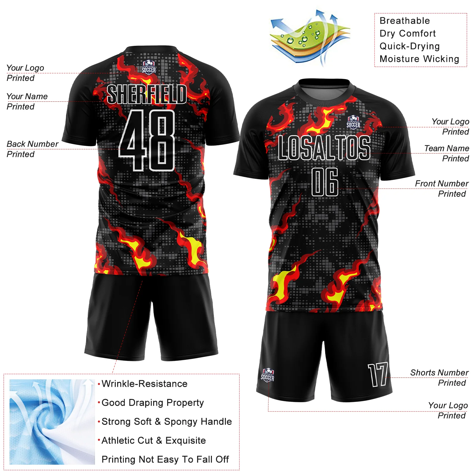 Custom Black Gray Red-Gold Flame Sublimation Soccer Uniform Jersey - Image 4