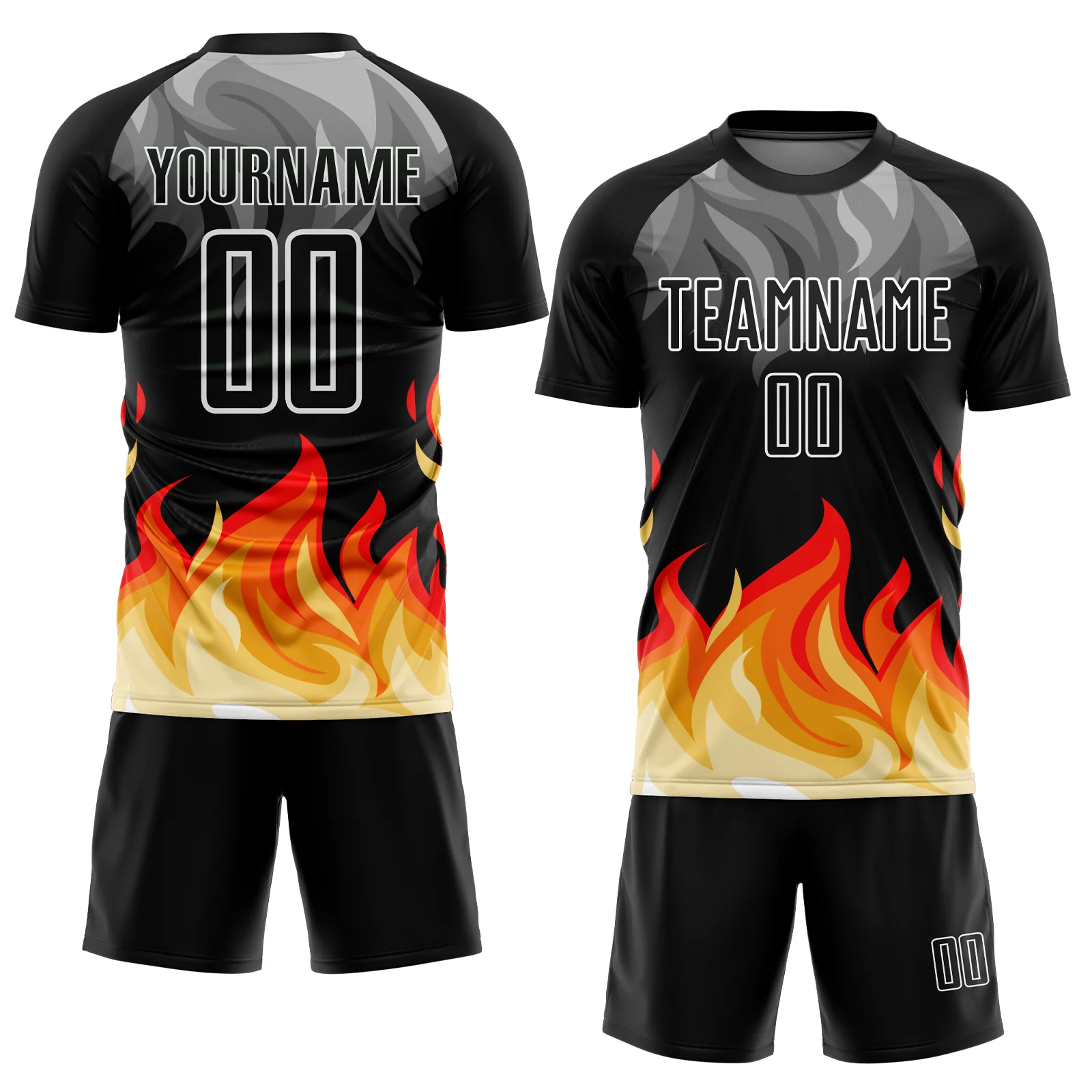 Custom Black Gray Red-Gold Flame Sublimation Soccer Uniform Jersey - Image 2