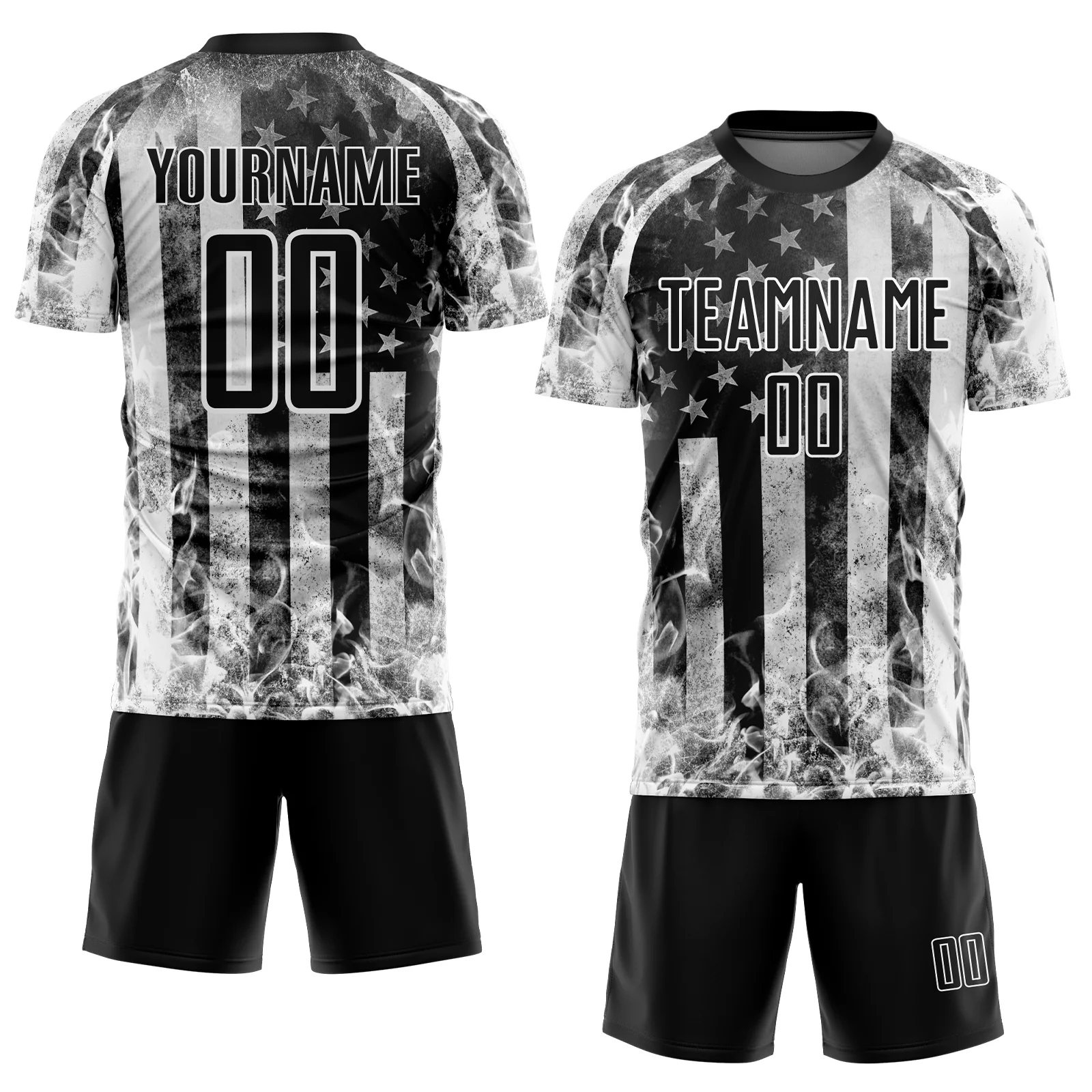 Custom Black Gray-White American Flag Flame Sublimation Soccer Uniform Jersey - Image 2