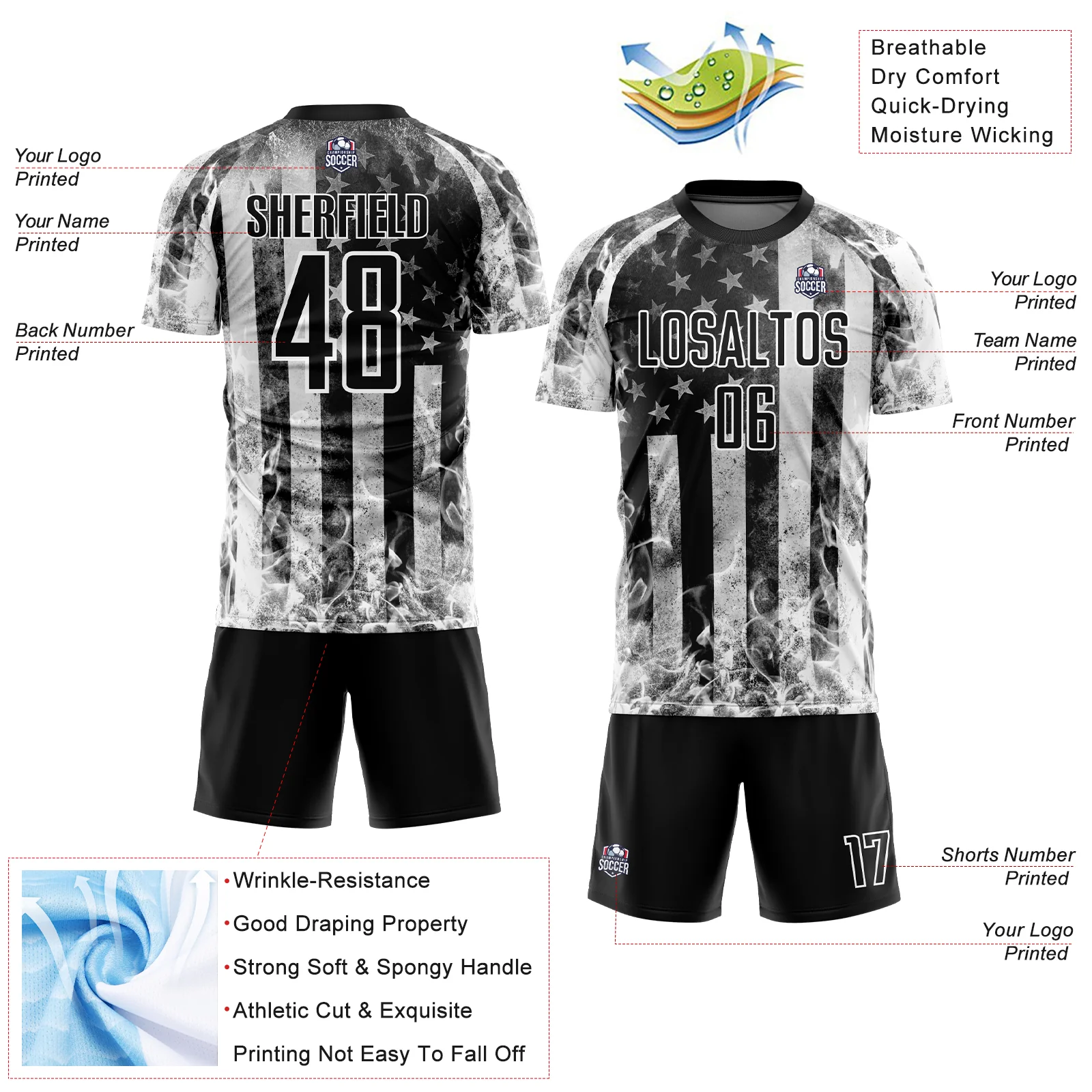 Custom Black Gray-White American Flag Flame Sublimation Soccer Uniform Jersey - Image 4