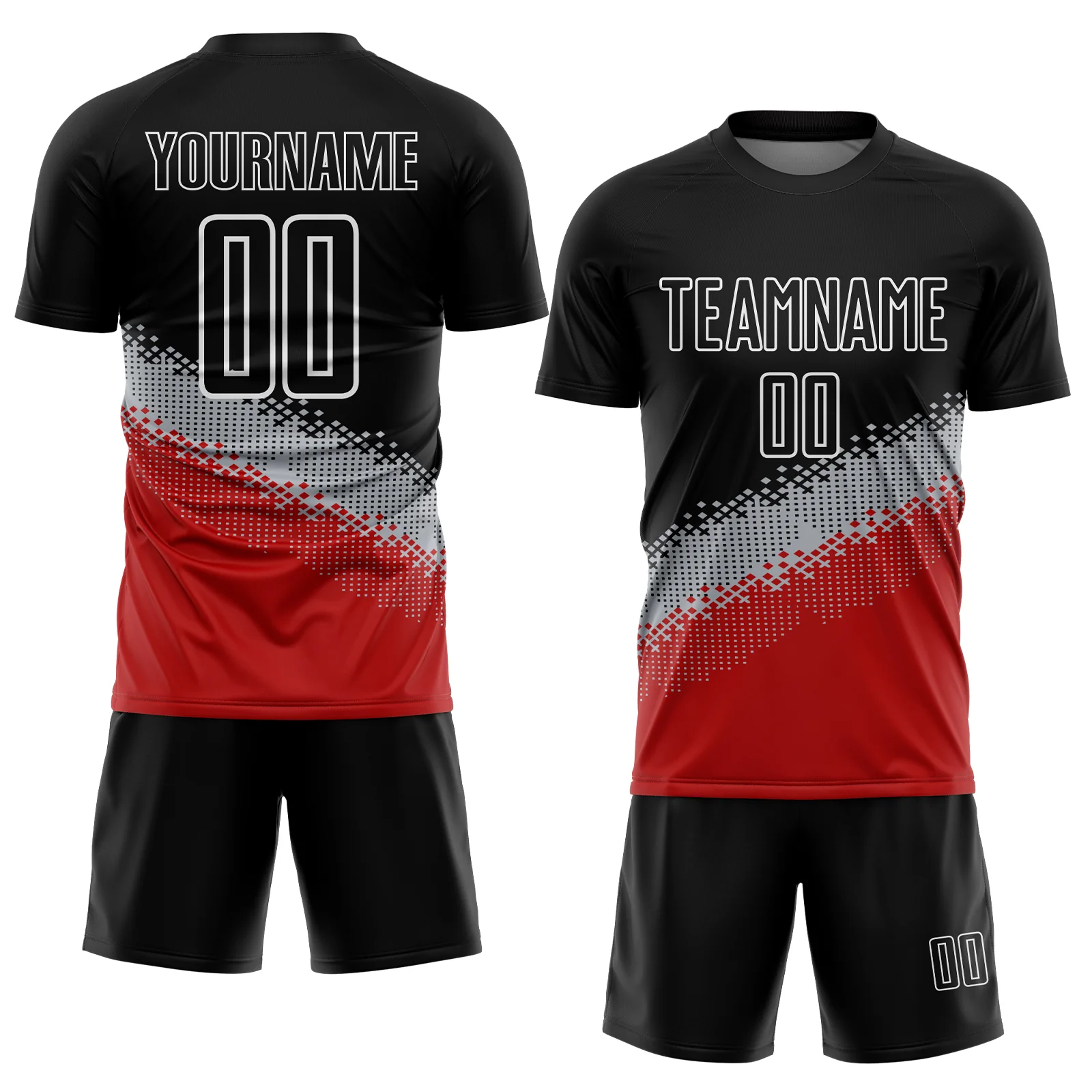 Custom Black Gray-Red Gradient Geometric Shape Sublimation Soccer Uniform Jersey - Image 2