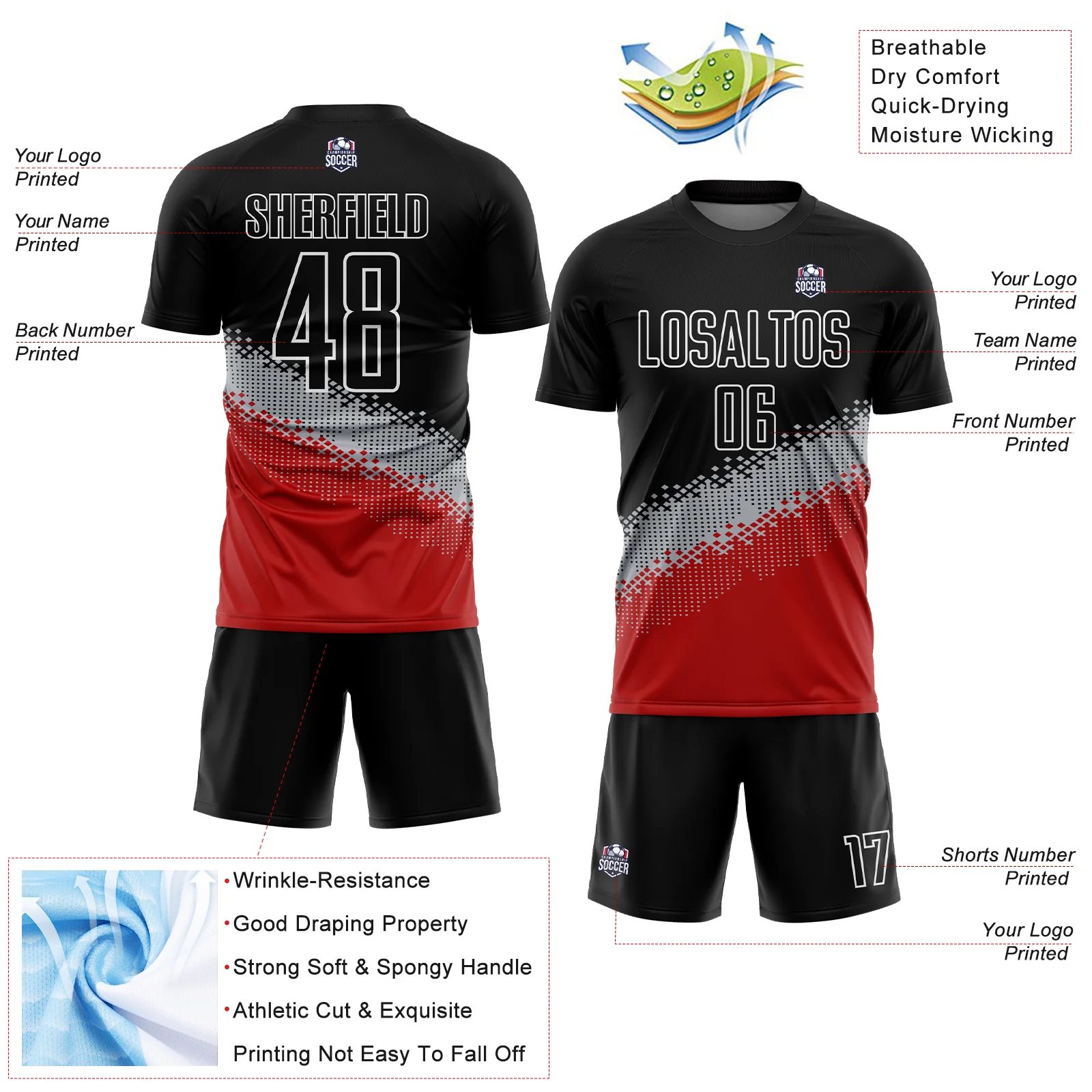 Custom Black Gray-Red Gradient Geometric Shape Sublimation Soccer Uniform Jersey - Image 4