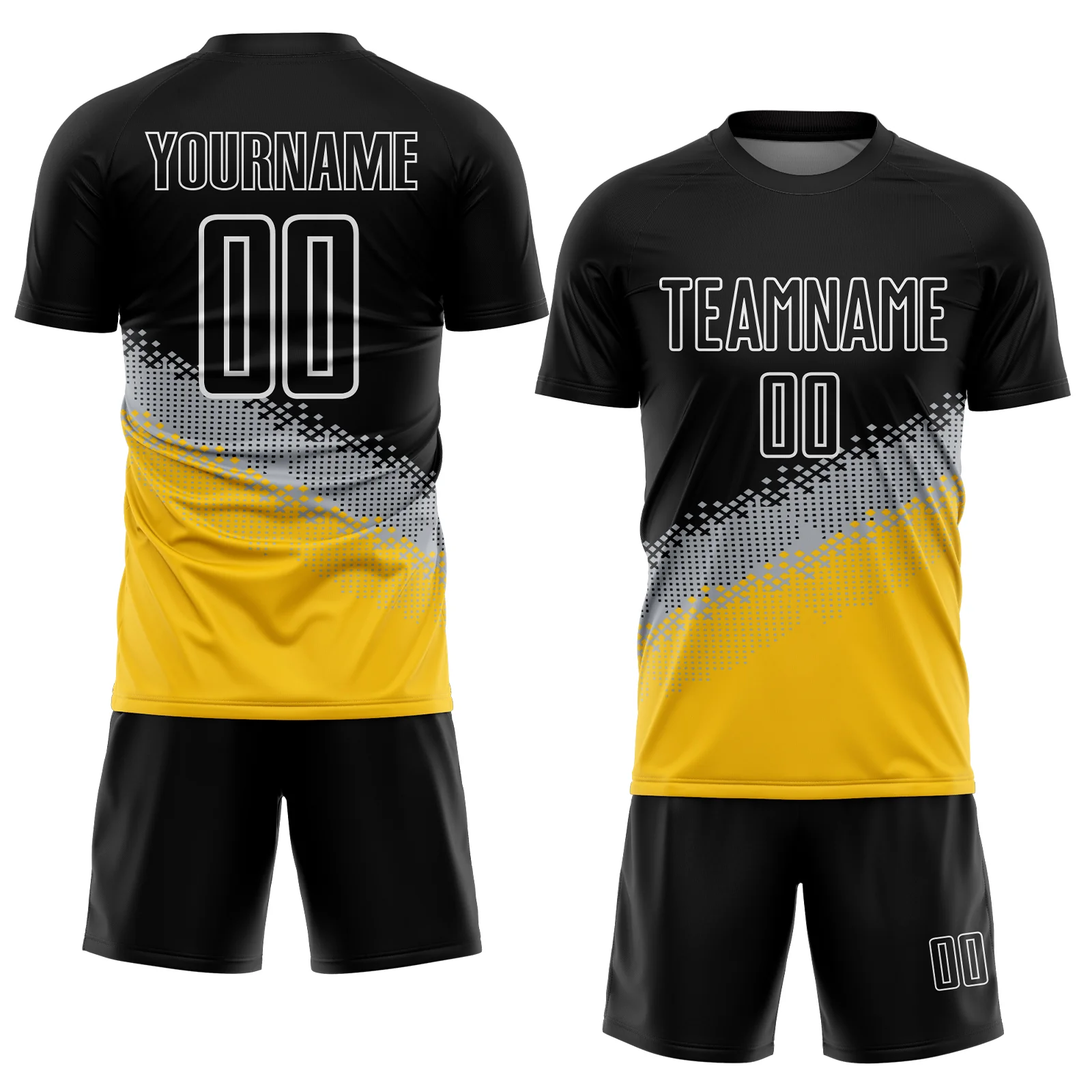 Custom Black Gray-Yellow Gradient Geometric Shape Sublimation Soccer Uniform Jersey - Image 2