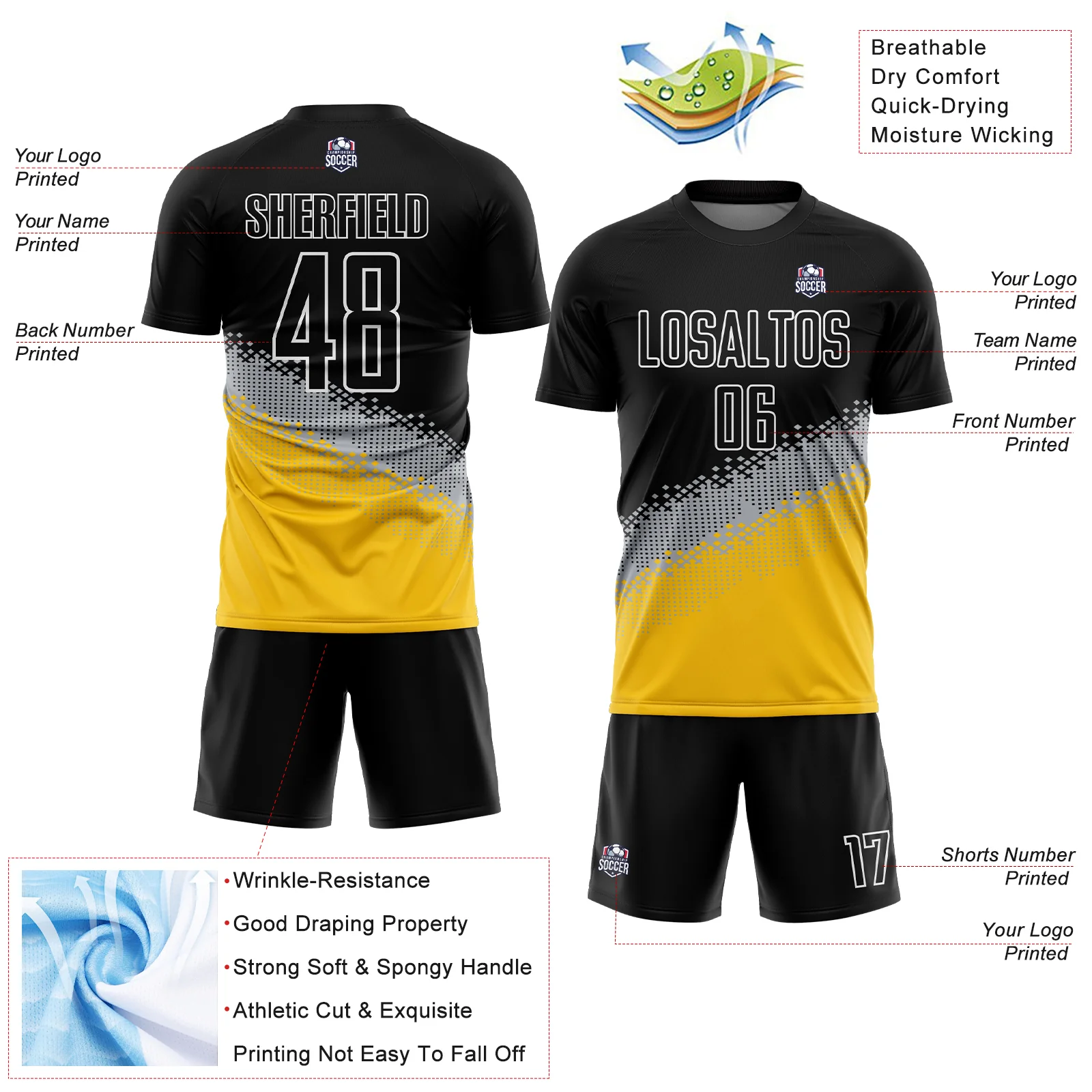 Custom Black Gray-Yellow Gradient Geometric Shape Sublimation Soccer Uniform Jersey - Image 4
