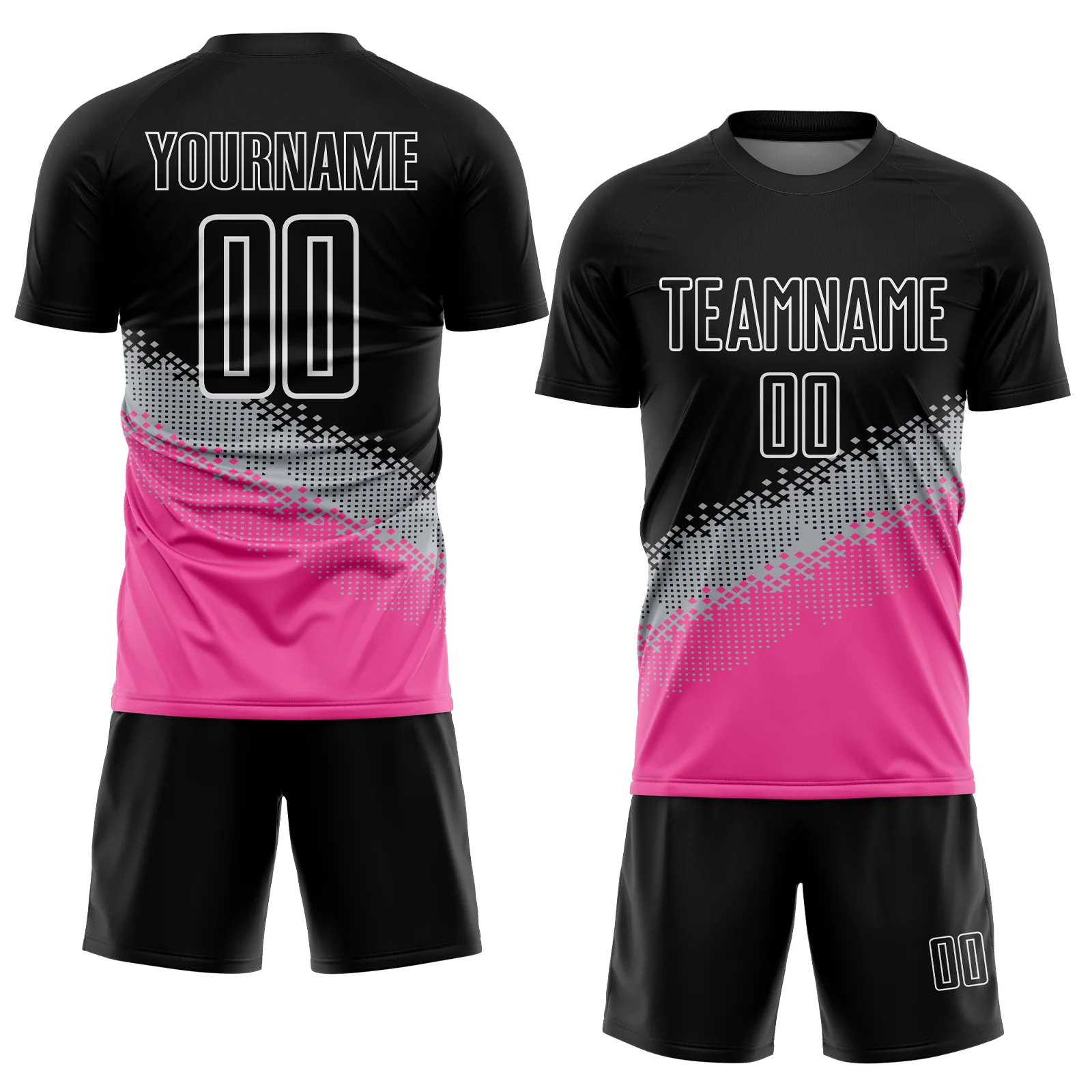 Custom Black Gray-Pink Gradient Geometric Shape Sublimation Soccer Uniform Jersey - Image 2