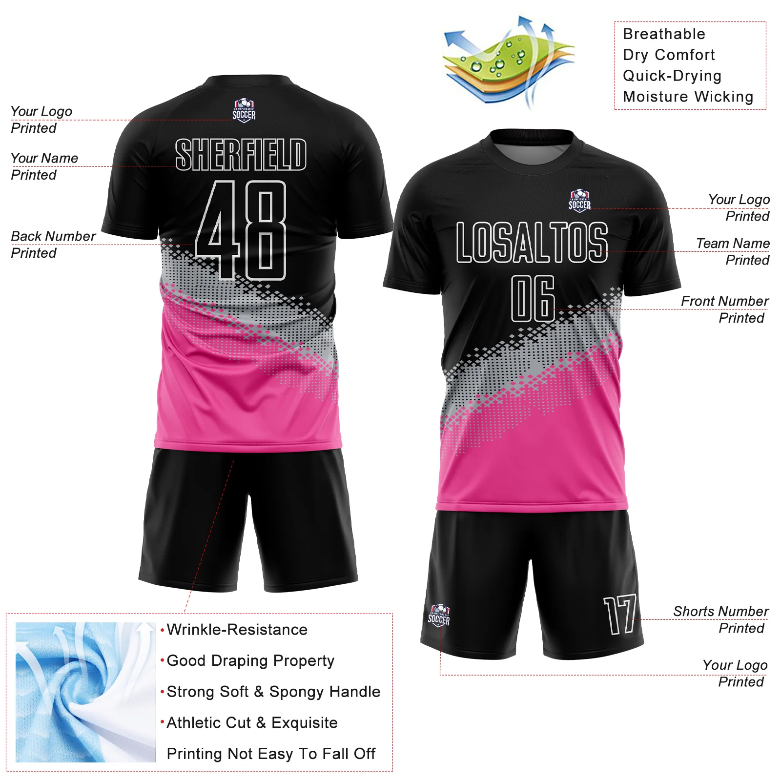 Custom Black Gray-Pink Gradient Geometric Shape Sublimation Soccer Uniform Jersey - Image 4