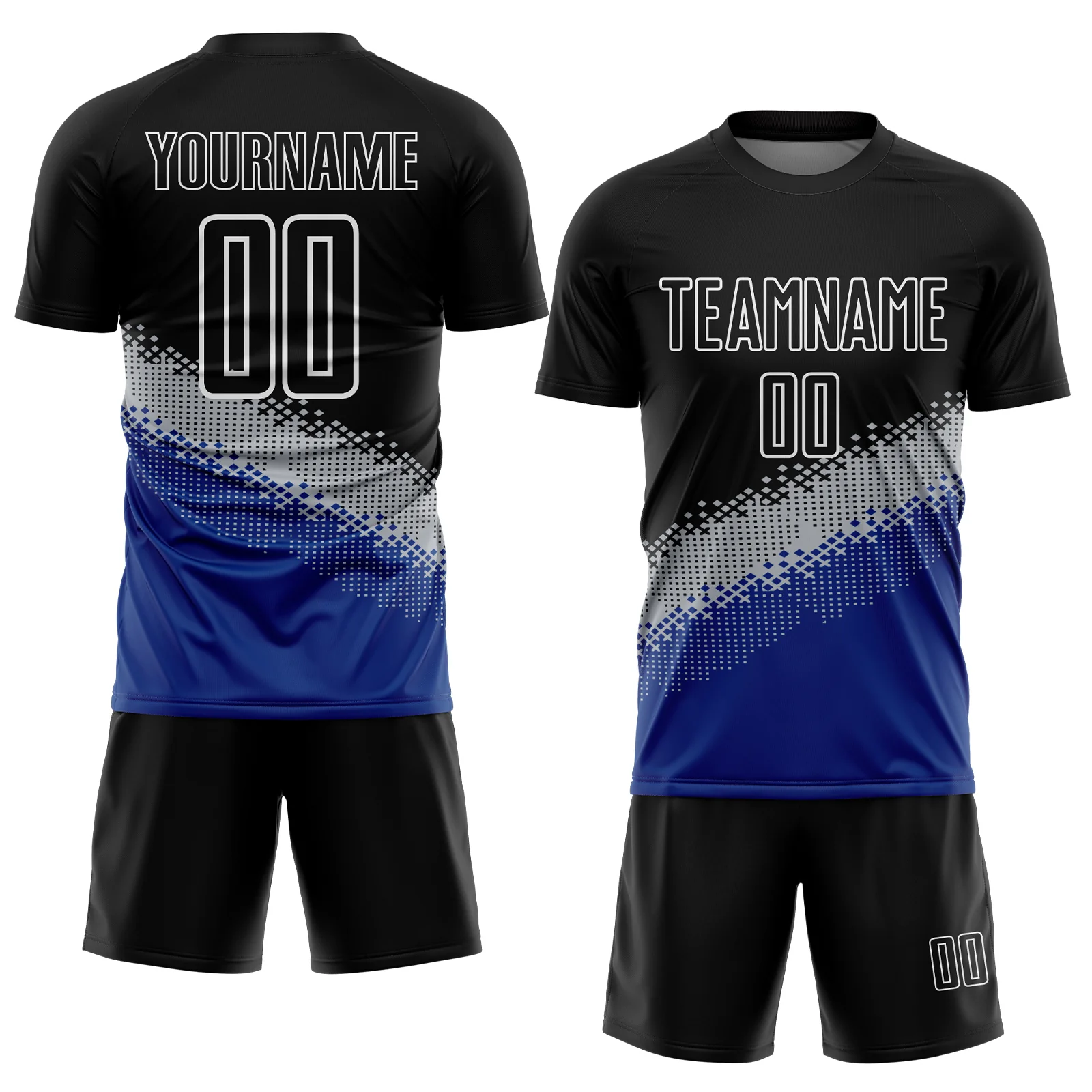 Custom Black Gray-Royal Gradient Geometric Shape Sublimation Soccer Uniform Jersey - Image 2