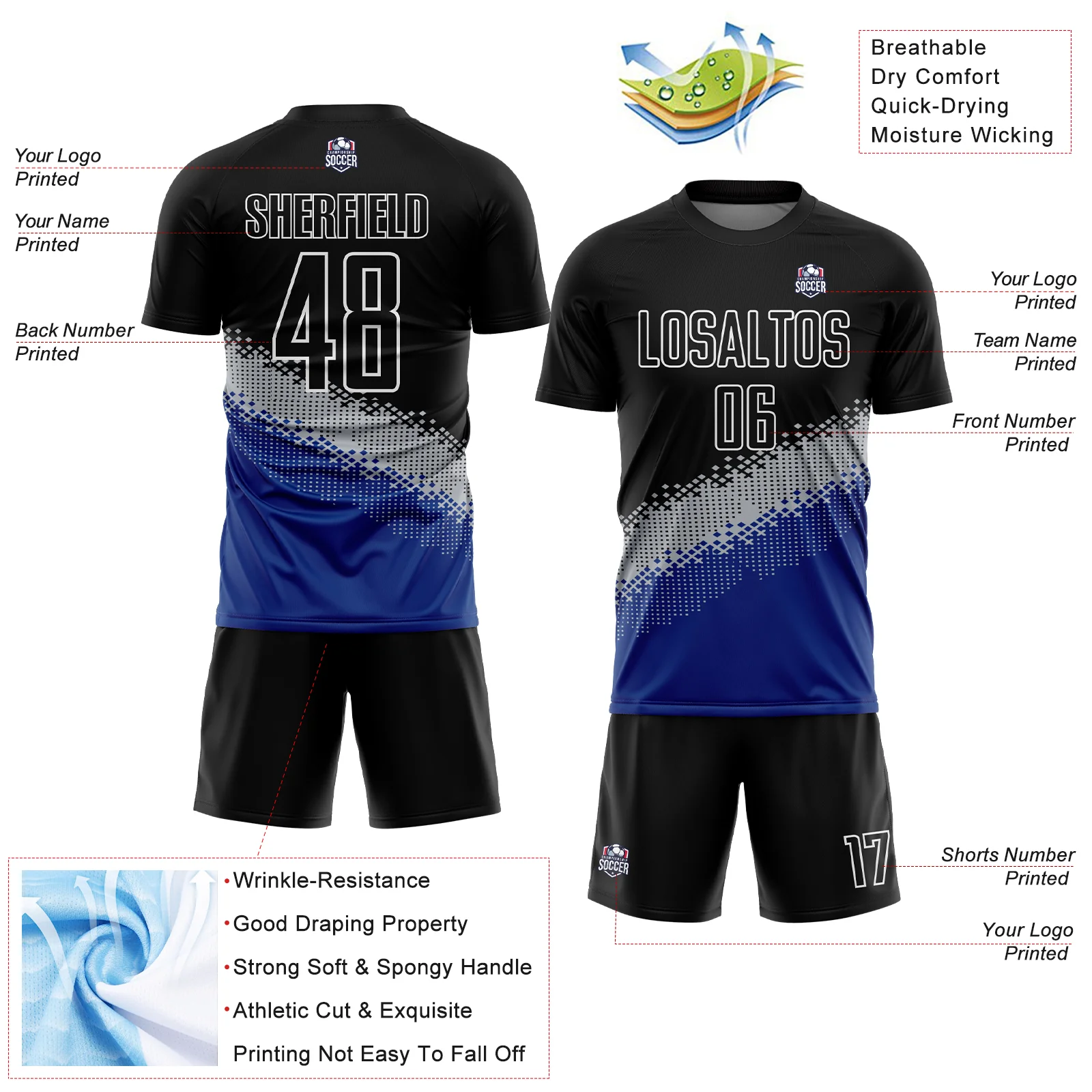 Custom Black Gray-Royal Gradient Geometric Shape Sublimation Soccer Uniform Jersey - Image 4