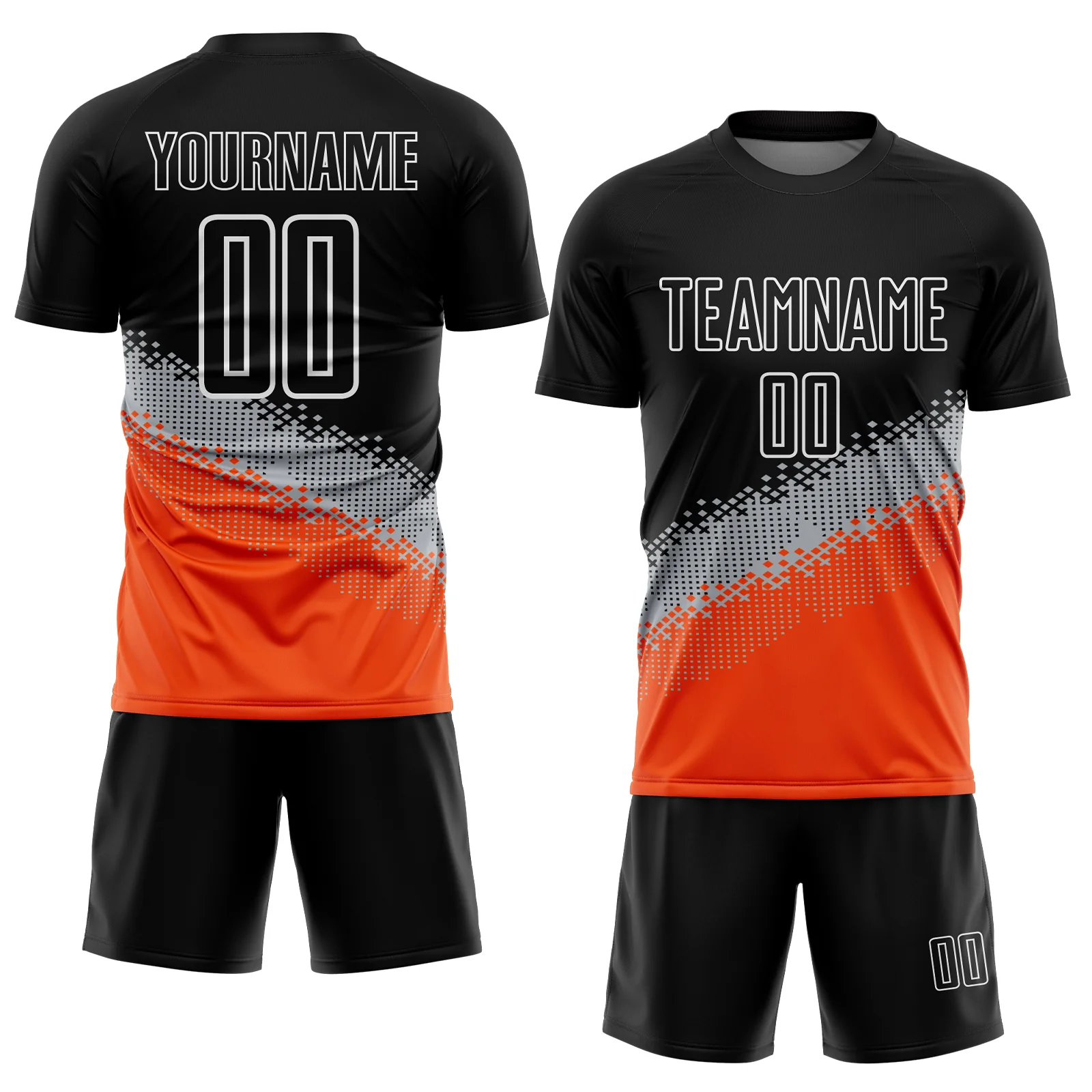 Custom Black Gray-Orange Gradient Geometric Shape Sublimation Soccer Uniform Jersey - Image 2
