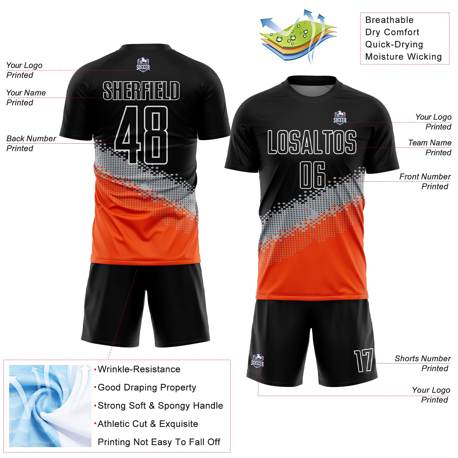 Custom Black Gray-Orange Gradient Geometric Shape Sublimation Soccer Uniform Jersey - Image 4