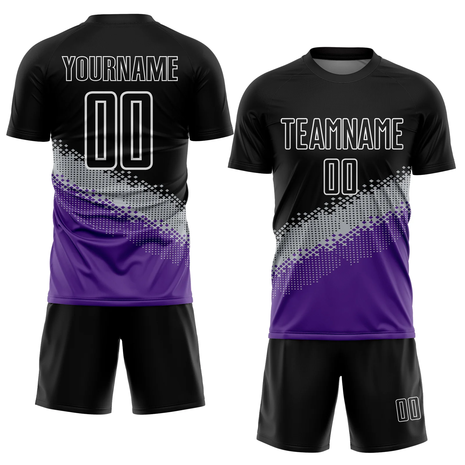 Custom Black Gray-Purple Gradient Geometric Shape Sublimation Soccer Uniform Jersey - Image 2