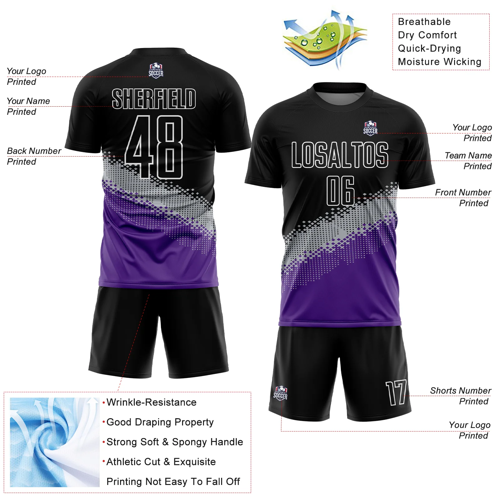 Custom Black Gray-Purple Gradient Geometric Shape Sublimation Soccer Uniform Jersey - Image 4