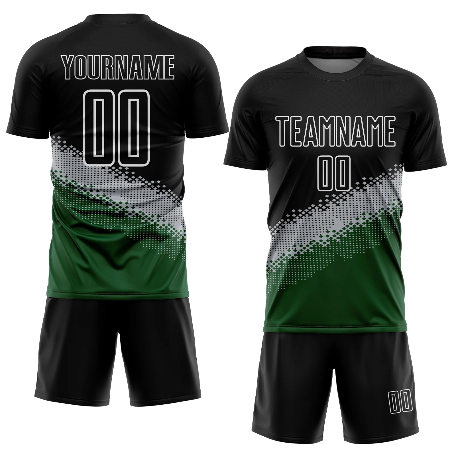 Custom Black Gray-Green Gradient Geometric Shape Sublimation Soccer Uniform Jersey - Image 2