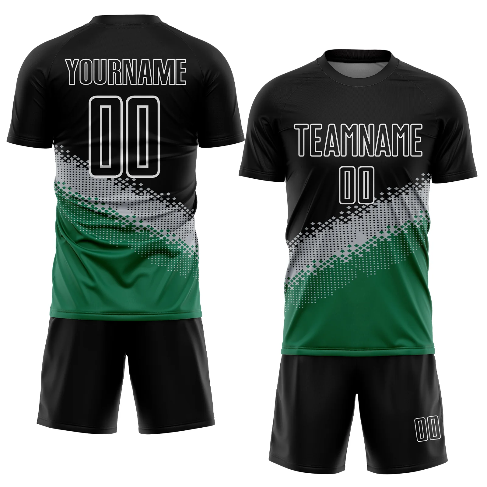 Custom Black Gray-Kelly Green Gradient Geometric Shape Sublimation Soccer Uniform Jersey - Image 2