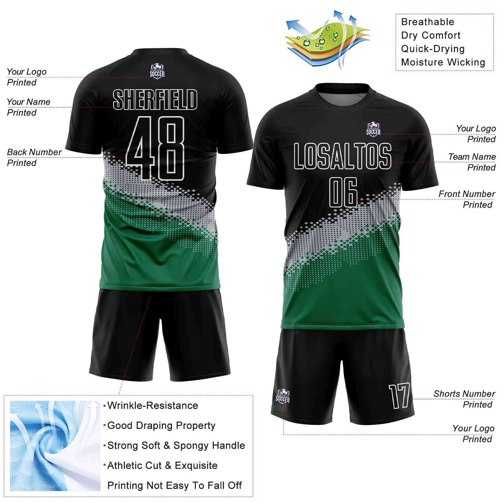 Custom Black Gray-Kelly Green Gradient Geometric Shape Sublimation Soccer Uniform Jersey - Image 4