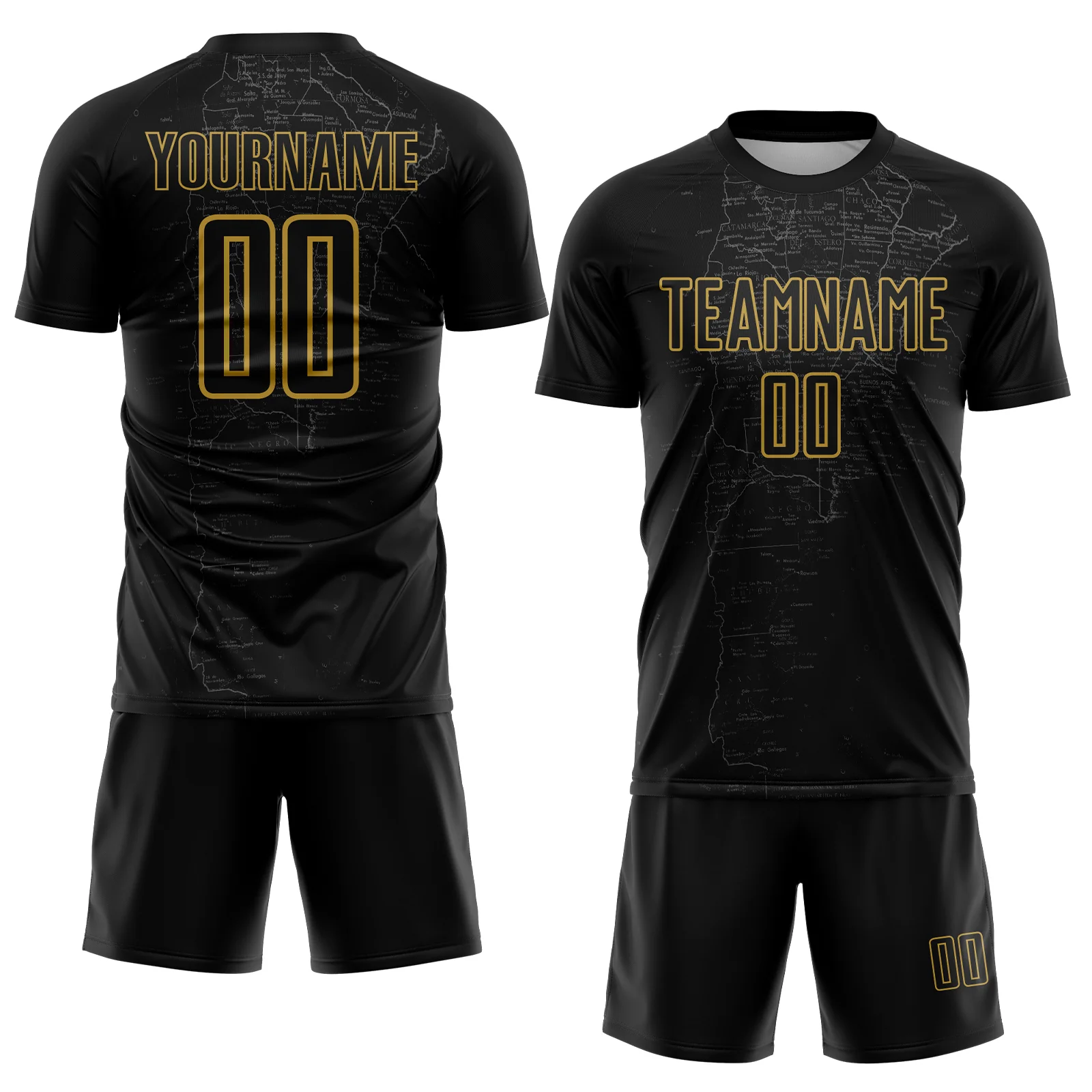 Custom Black Gray-Old Gold Map Outline Sports Sublimation Soccer Uniform Jersey - Image 2