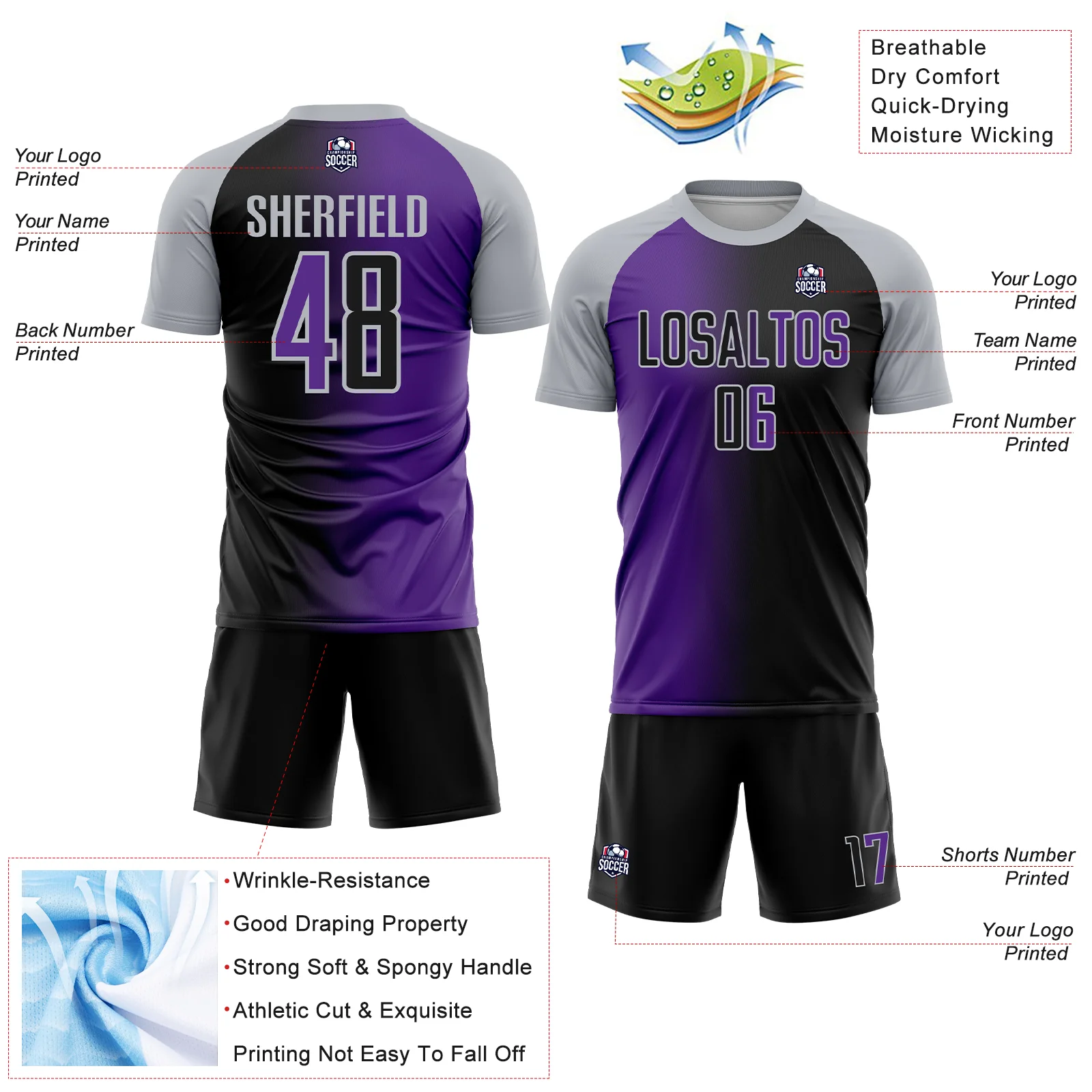 Custom Black Purple-Gray Sublimation Gradient Fashion Soccer Uniform Jersey - Image 4