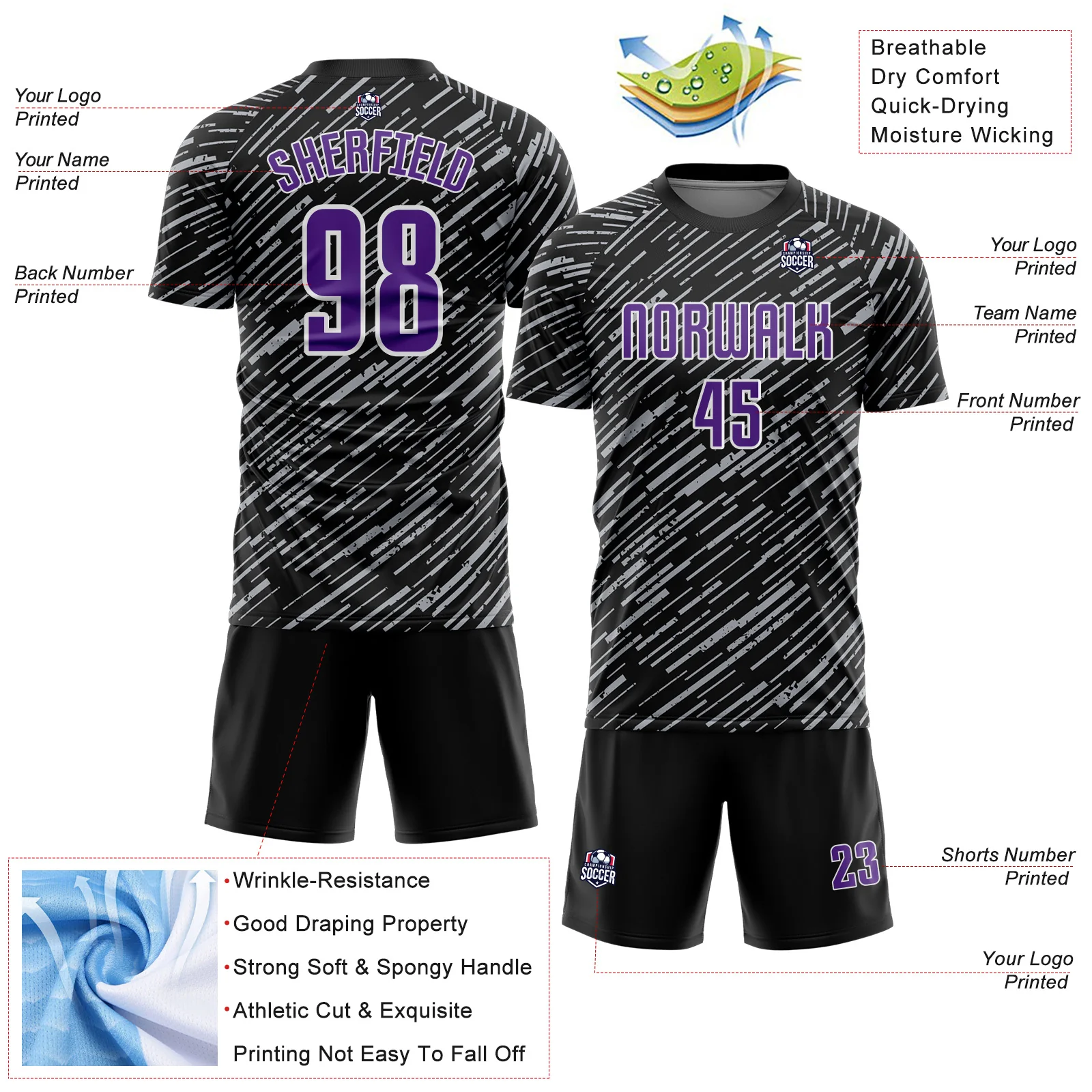 Custom Black Purple Gray-White Line Sports Sublimation Soccer Uniform Jersey - Image 4