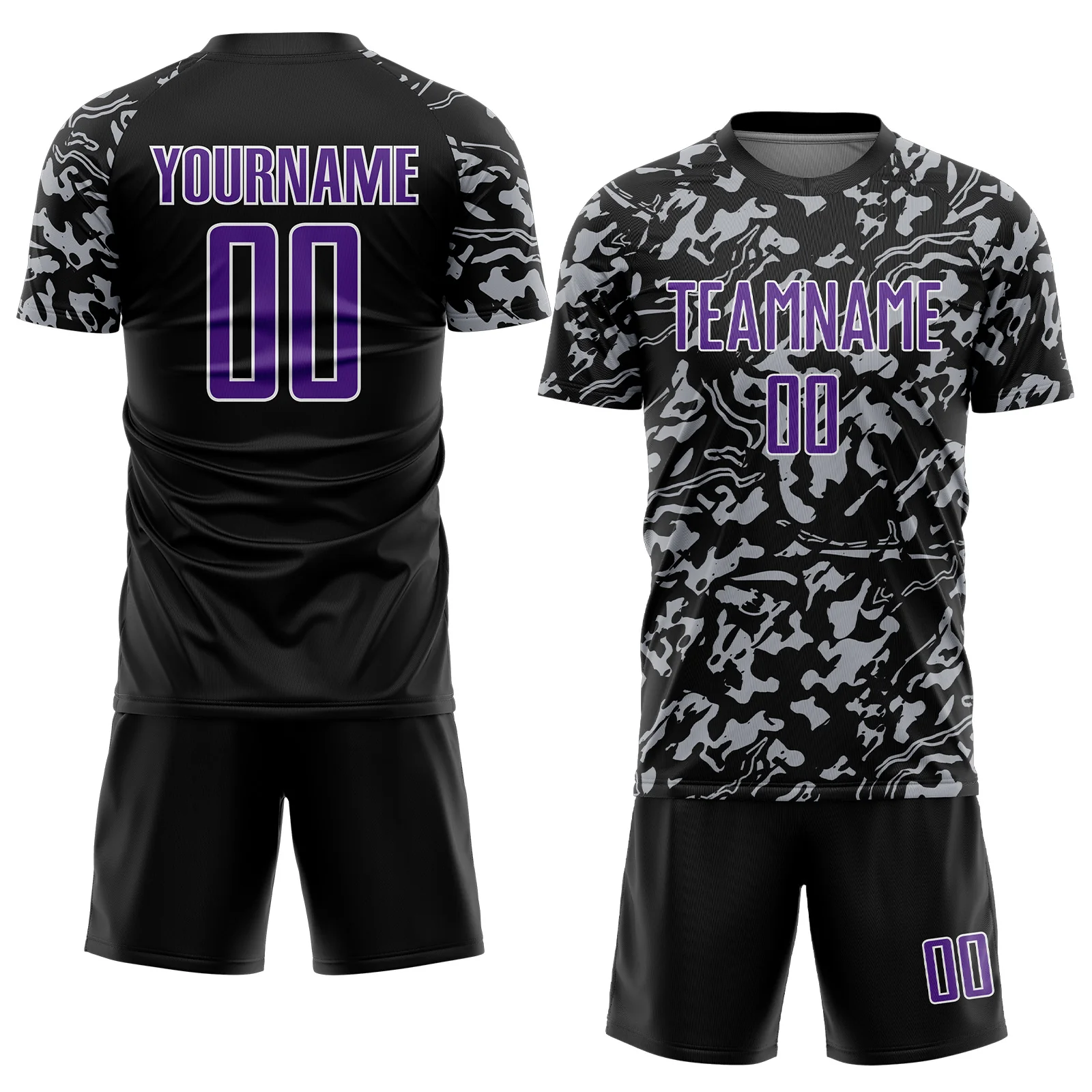 Custom Black Purple Gray-White Liquid Fluid Pattern Sports Sublimation Soccer Uniform Jersey - Image 2