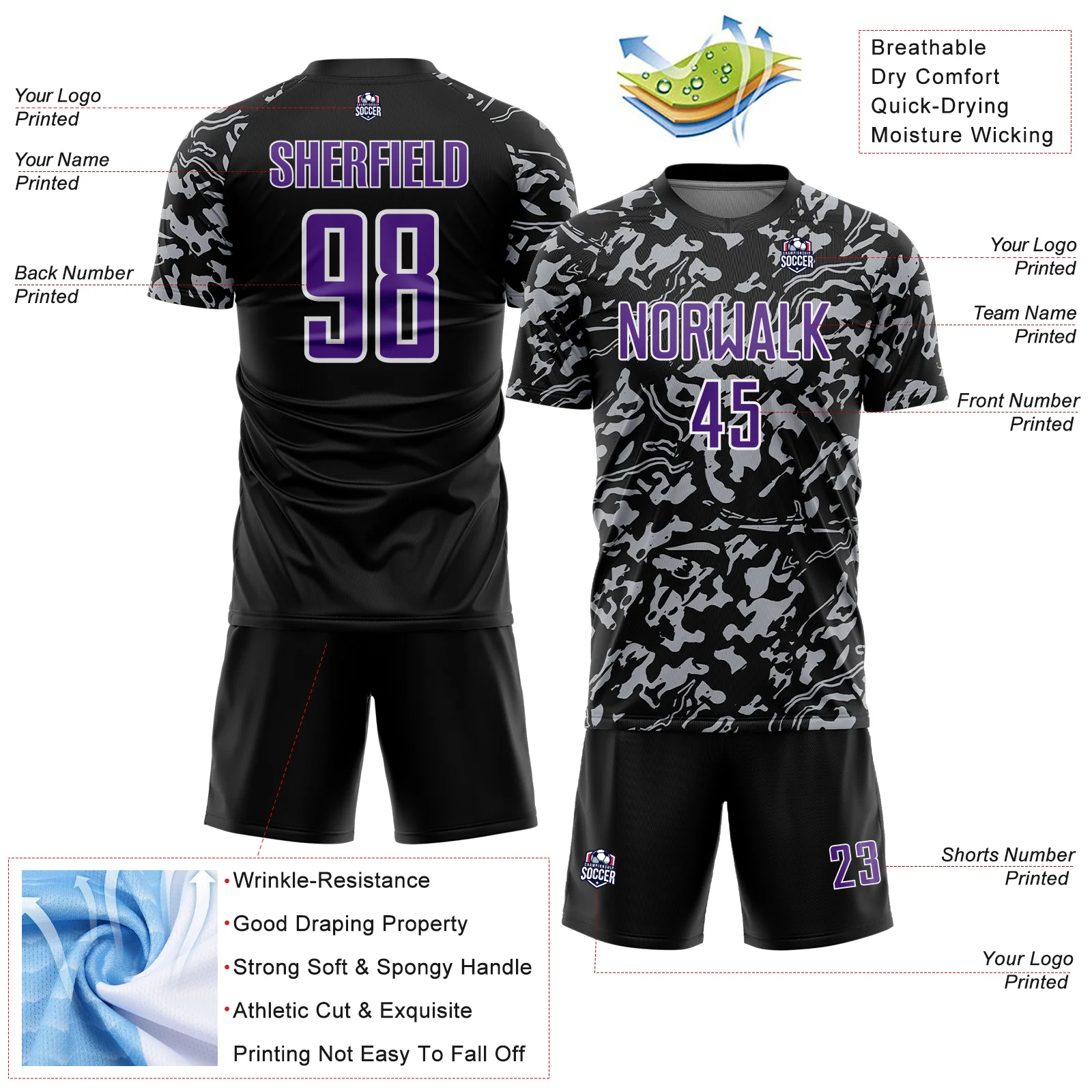 Custom Black Purple Gray-White Liquid Fluid Pattern Sports Sublimation Soccer Uniform Jersey - Image 4