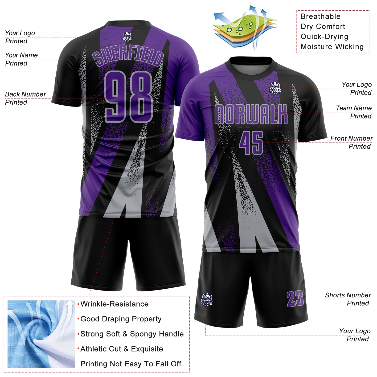 Custom Black Purple-Gray Radial Burst Sports Sublimation Soccer Uniform Jersey - Image 4