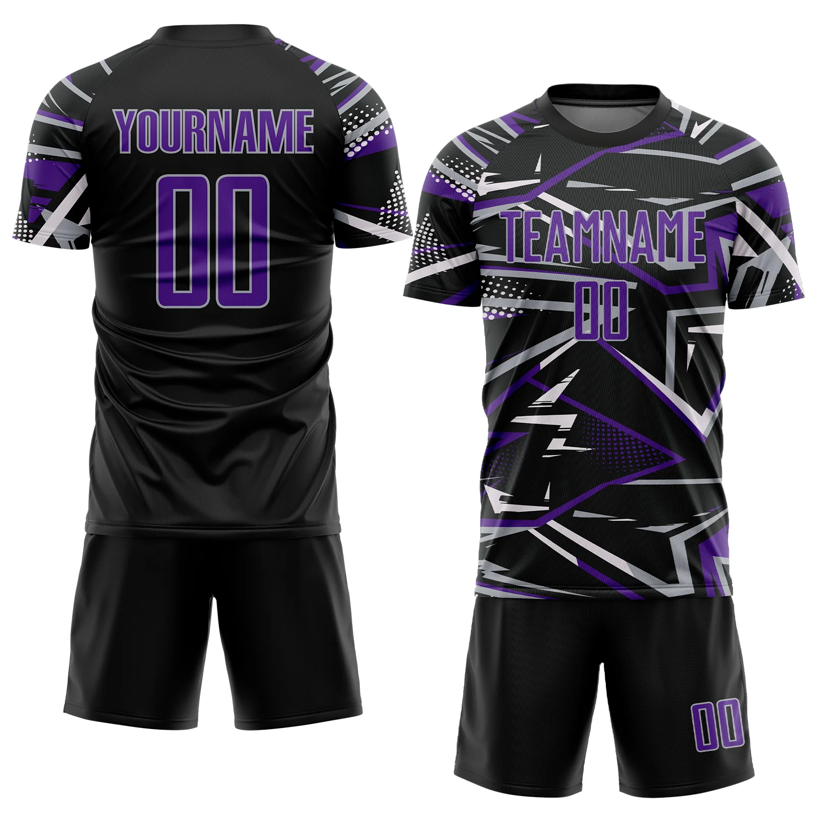 Custom Black Purple Gray-White Abstract Geometric Stripes Sports Sublimation Soccer Uniform Jersey - Image 2