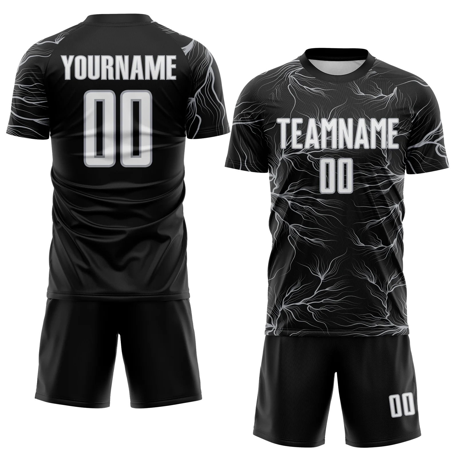 Custom Black White-Gray Lightning Electric Veins Sublimation Soccer Uniform Jersey - Image 2