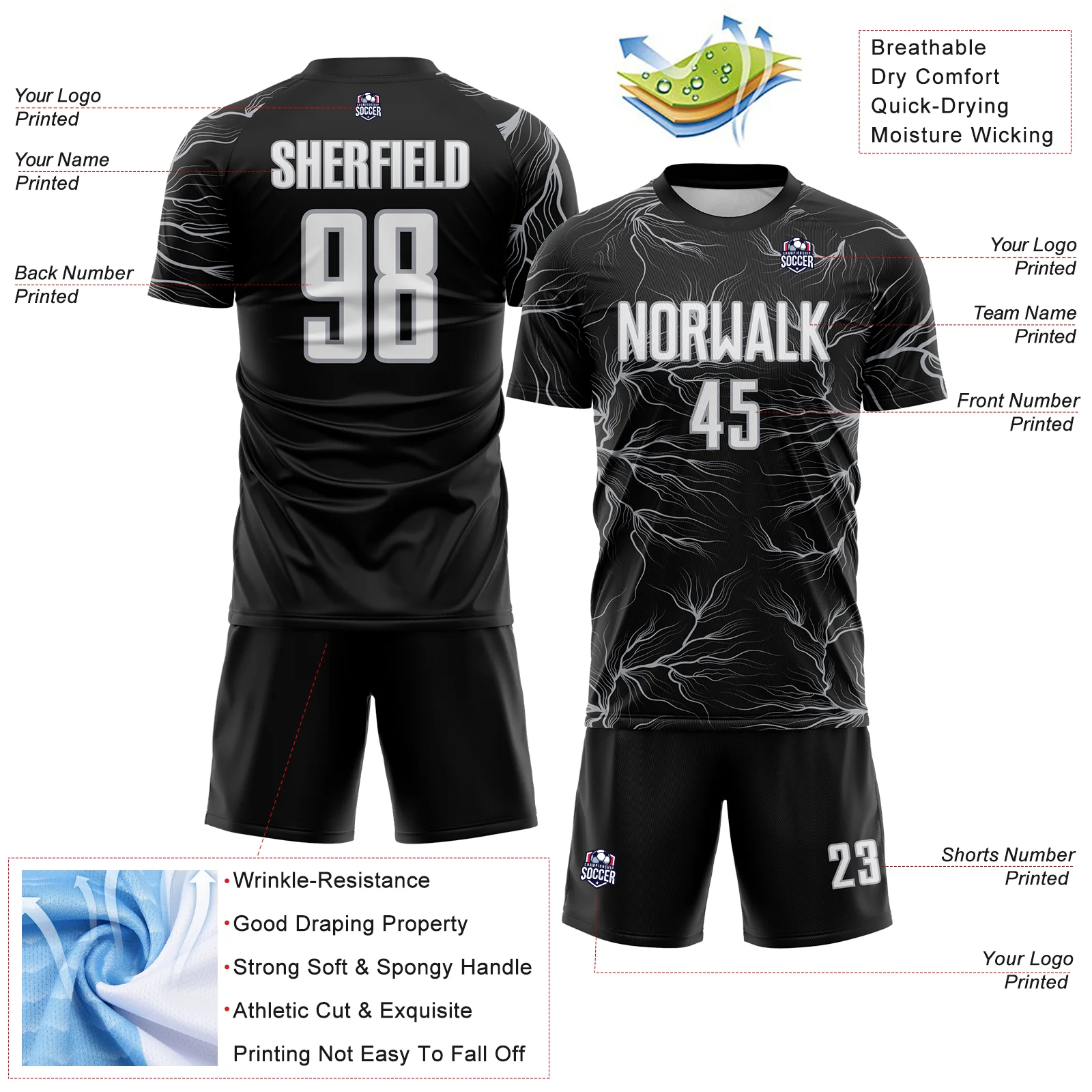 Custom Black White-Gray Lightning Electric Veins Sublimation Soccer Uniform Jersey - Image 4