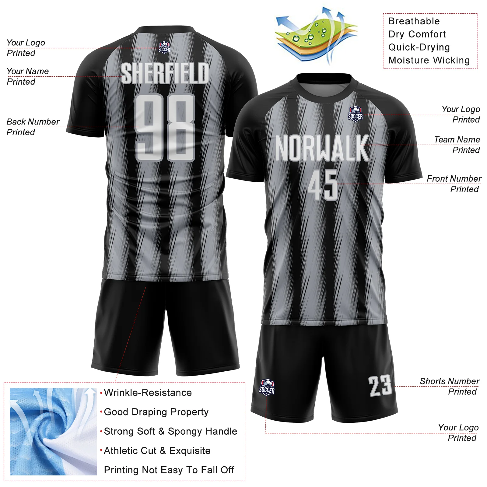 Custom Black White-Gray Vertical Brush Stroke Stripes Sublimation Soccer Uniform Jersey - Image 4