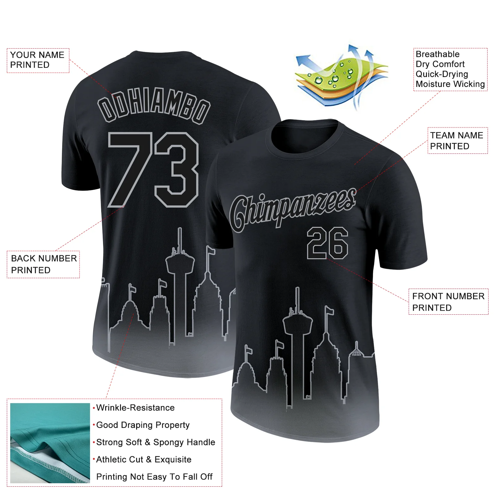 Custom Black Gray 3D San Antonio City Edition Fade Fashion Performance T-Shirt - Image 2