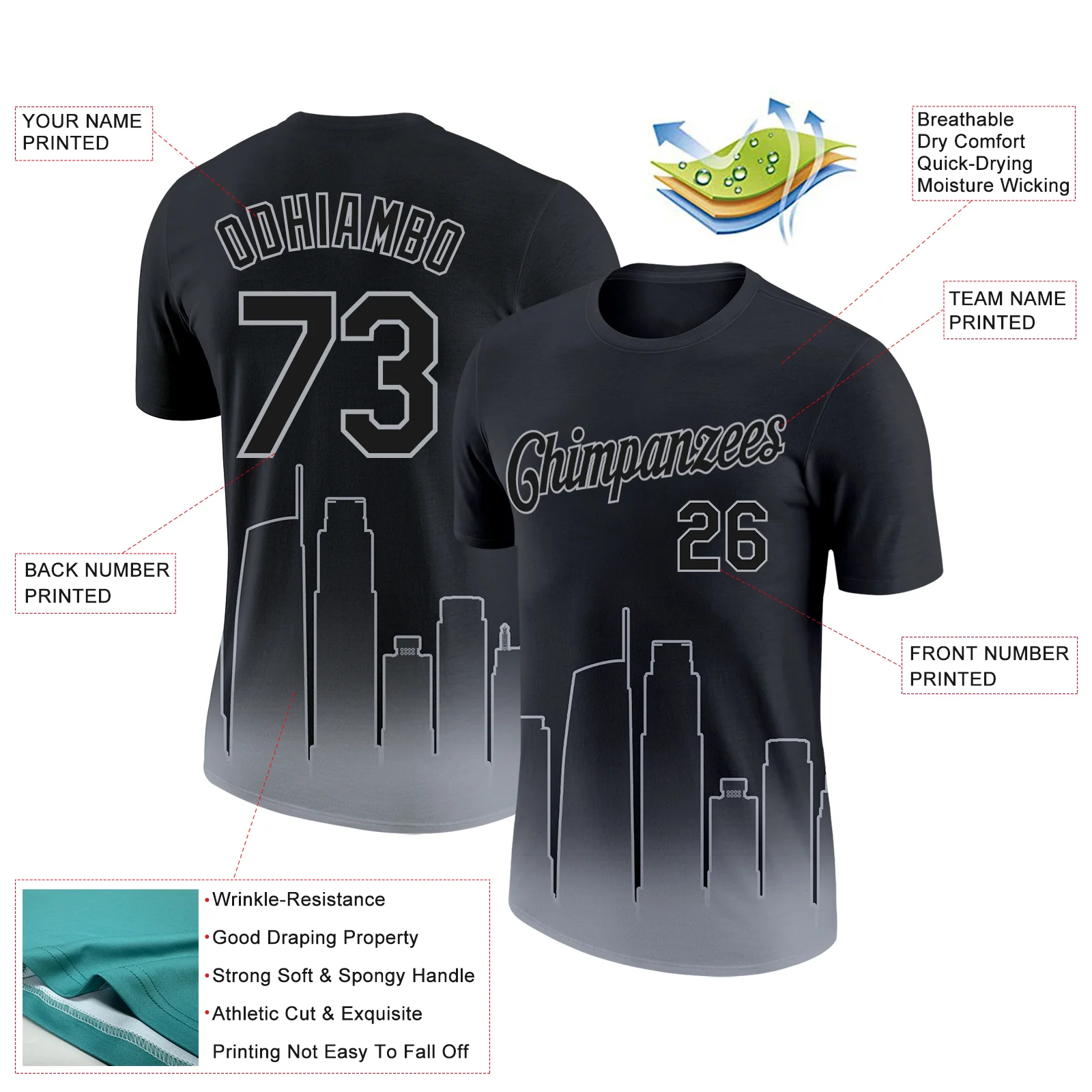 Custom Black Gray 3D Los Angeles City Edition Fade Fashion Performance T-Shirt - Image 2