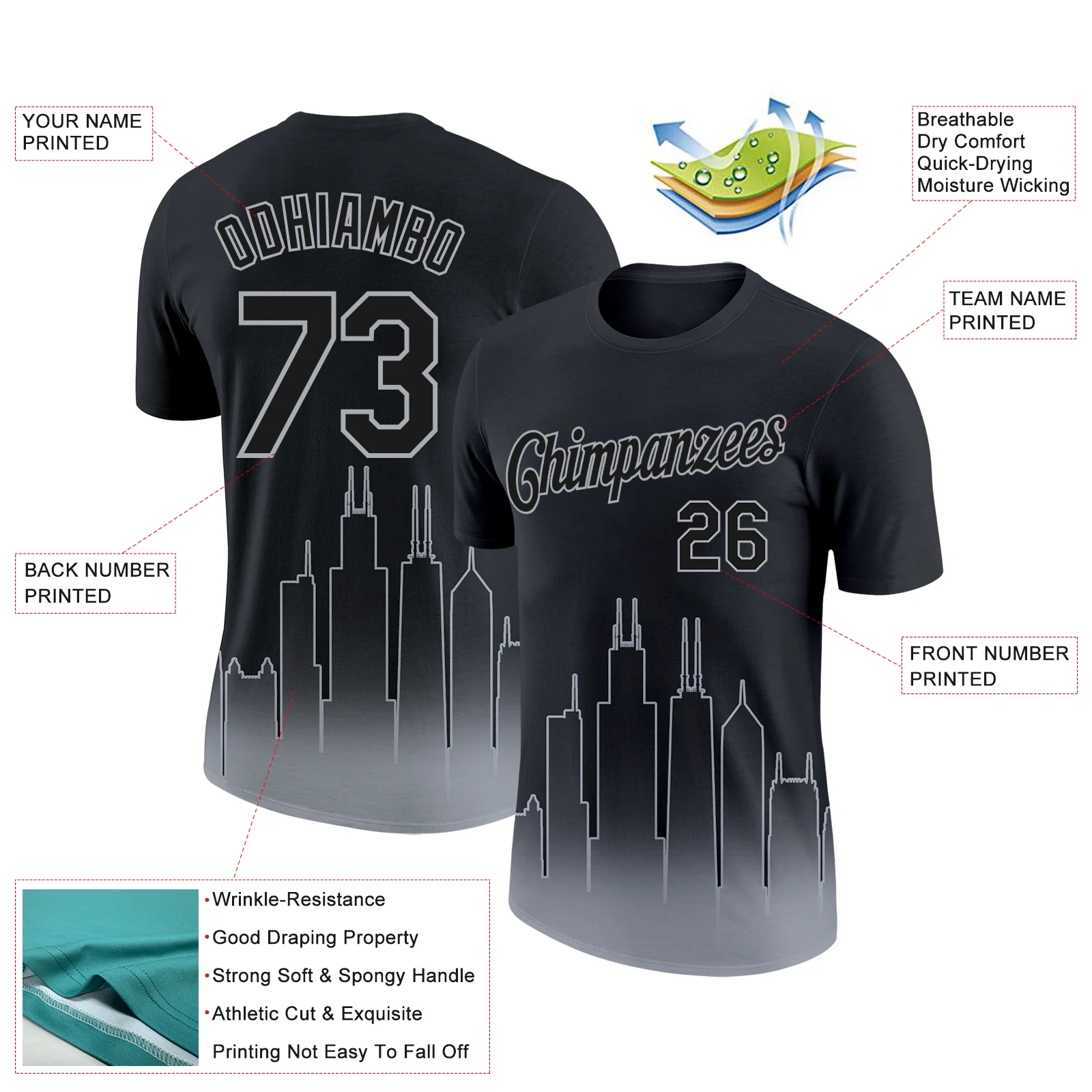 Custom Black Gray 3D Chicago City Edition Fade Fashion Performance T-Shirt - Image 2