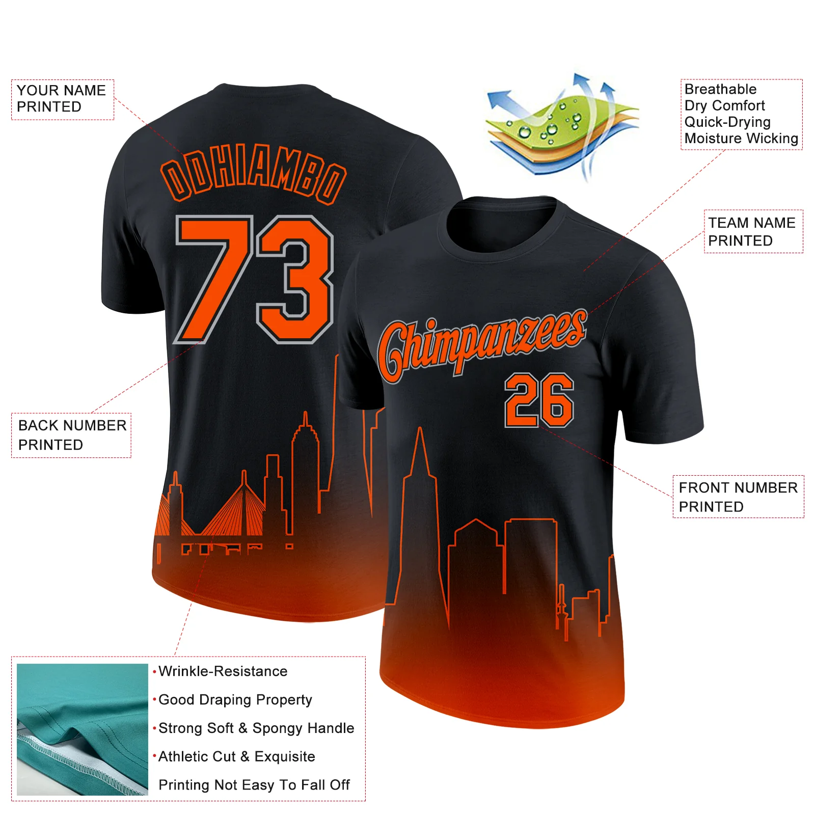 Custom Black Orange-Gray 3D San Francisco City Edition Fade Fashion Performance T-Shirt - Image 2