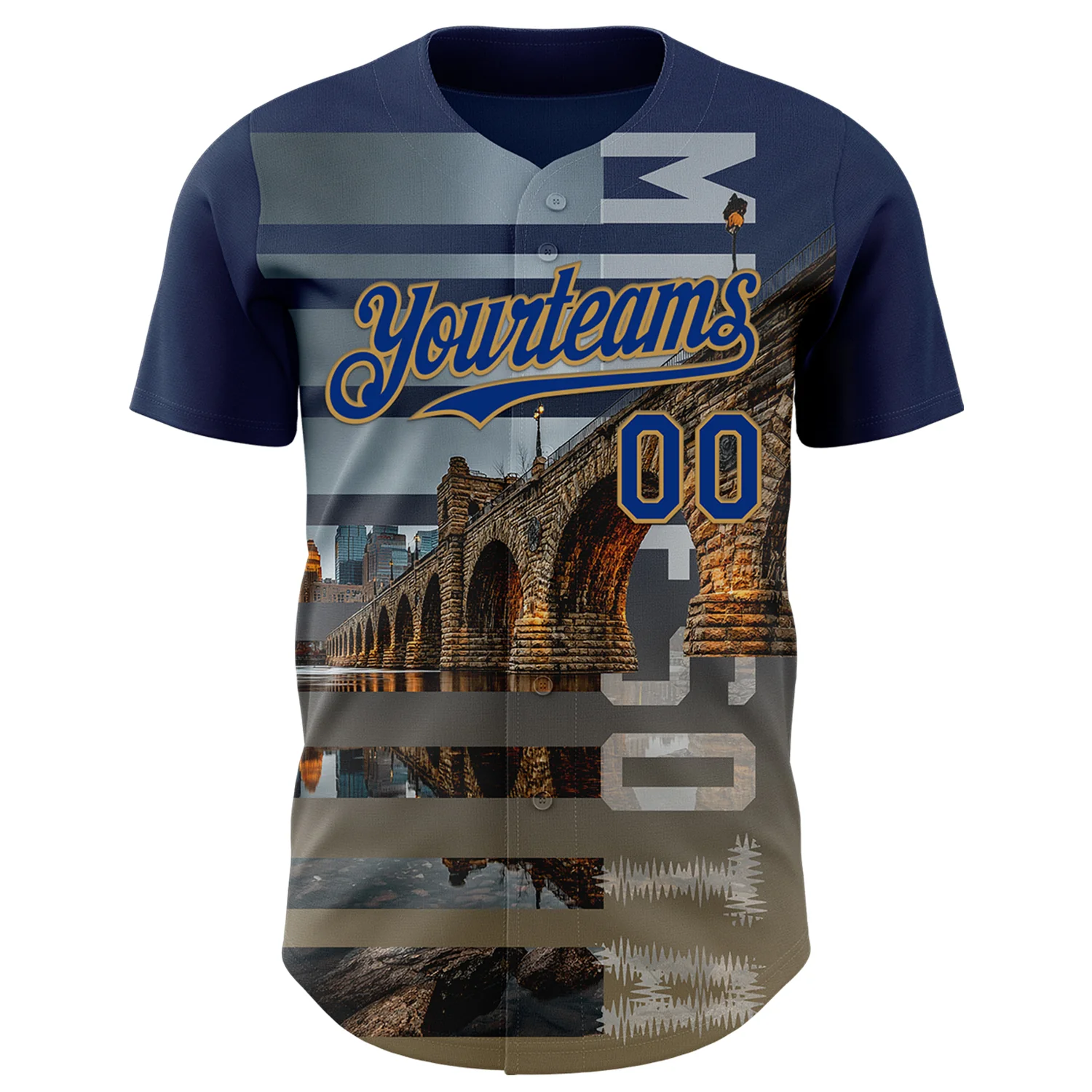 Custom Blue Royal Gray-Old Gold Minnesota Stone Bridge Landmark City Symbol Authentic Baseball Jersey - Image 2