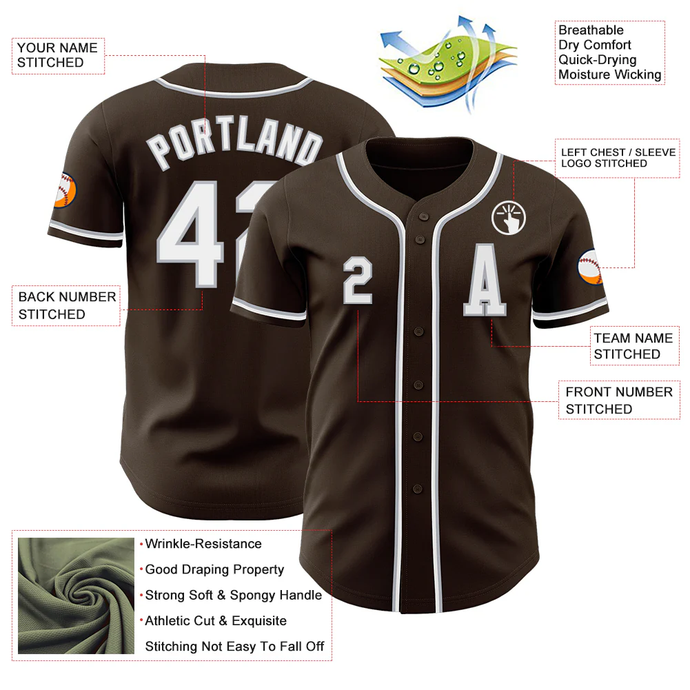 Custom Brown White-Gray Authentic Baseball Jersey - Image 2
