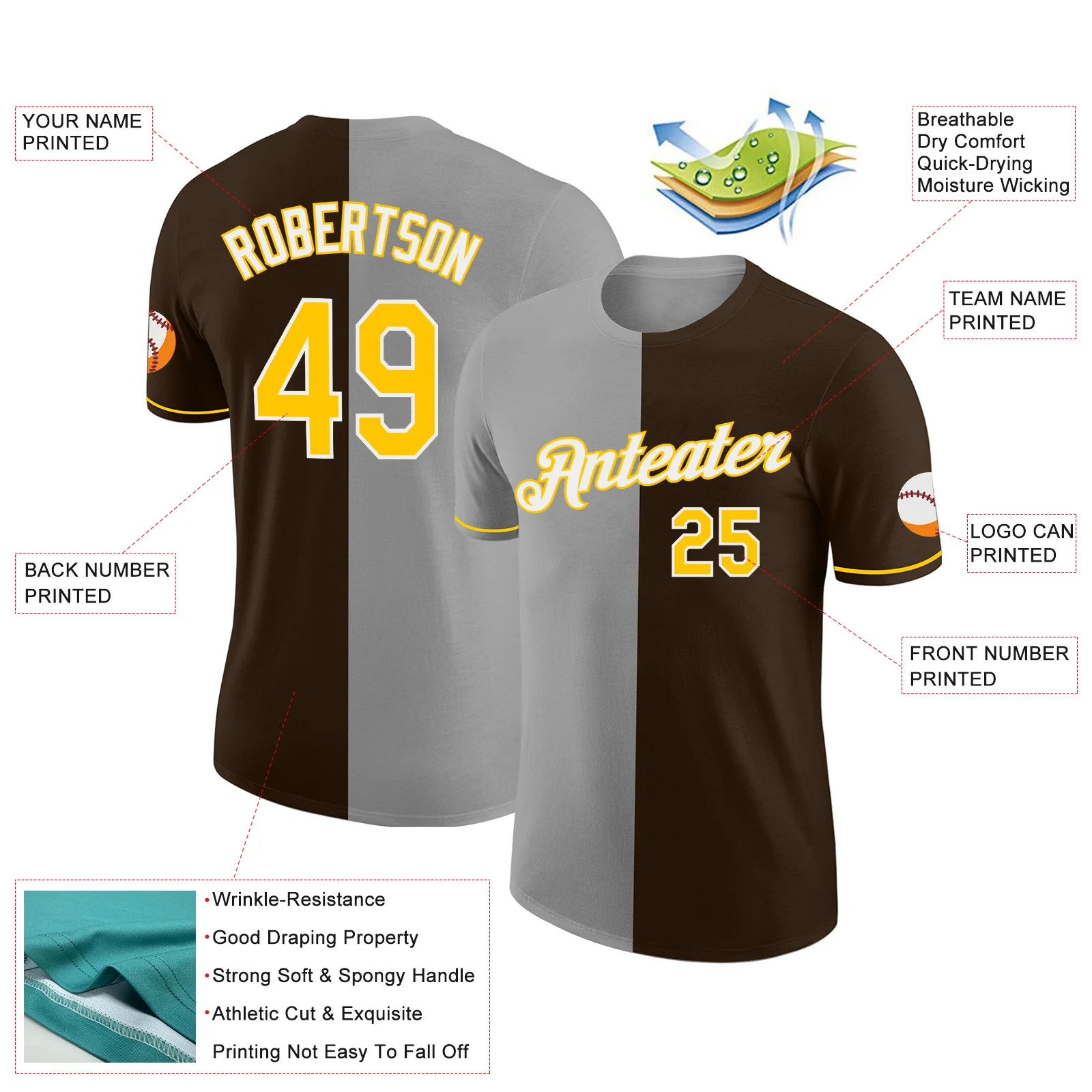Custom Brown Yellow-Gray Split Fashion Performance T-Shirt - Image 2