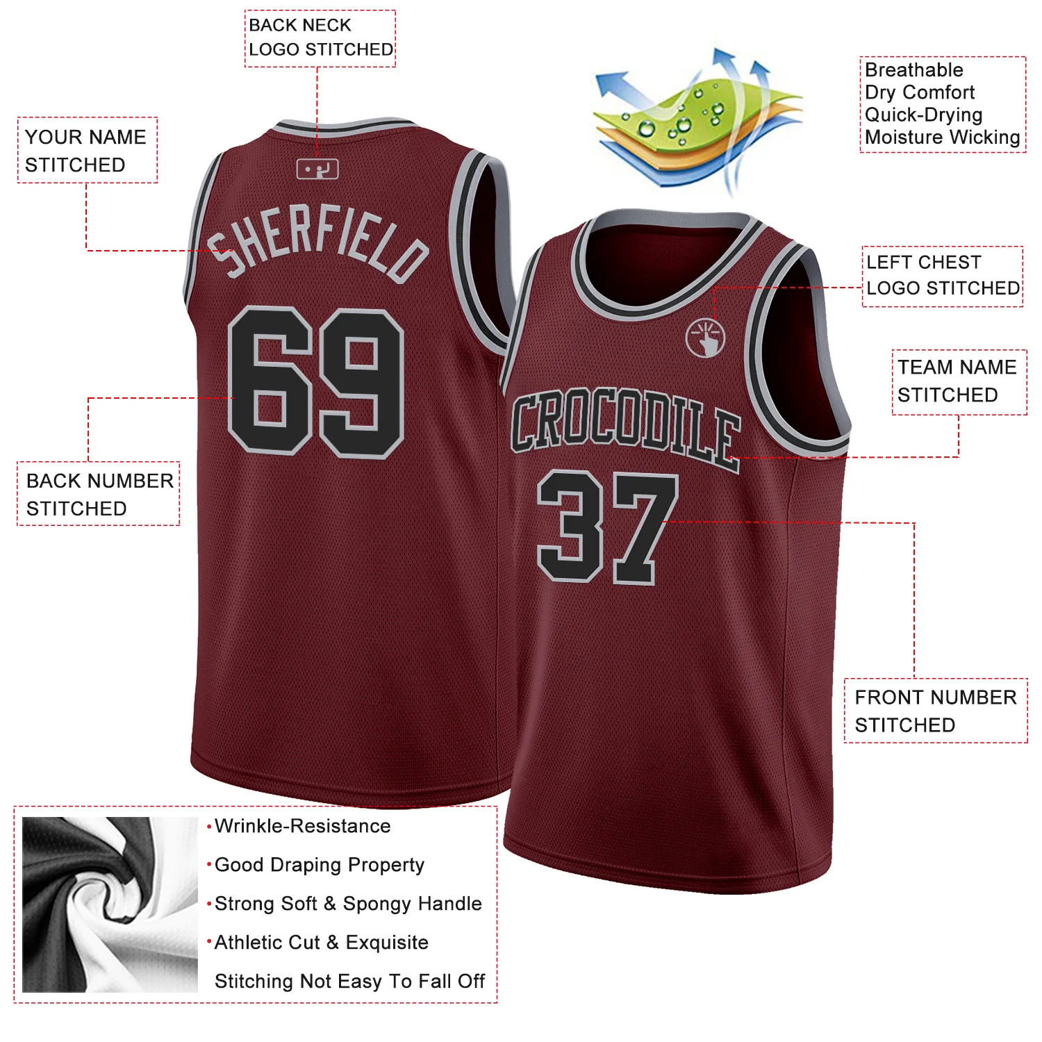 Custom Burgundy Black-Gray Authentic Basketball Jersey - Image 2