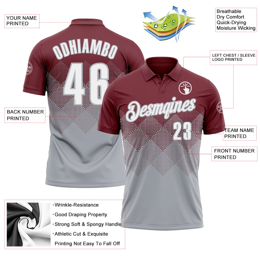 Custom Burgundy White-Gray 3D Gradient Square Shape Performance Polo Shirt - Image 3