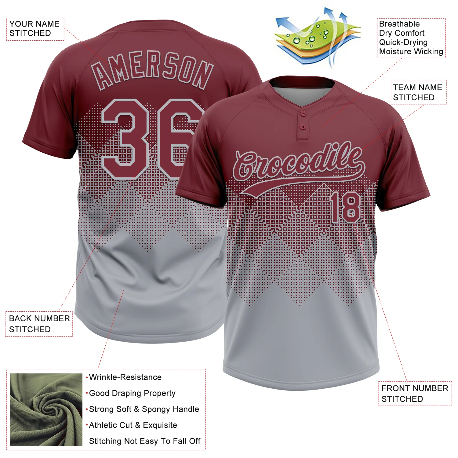 Custom Burgundy Gray 3D Gradient Square Shape Two-Button Unisex Softball Jersey - Image 3