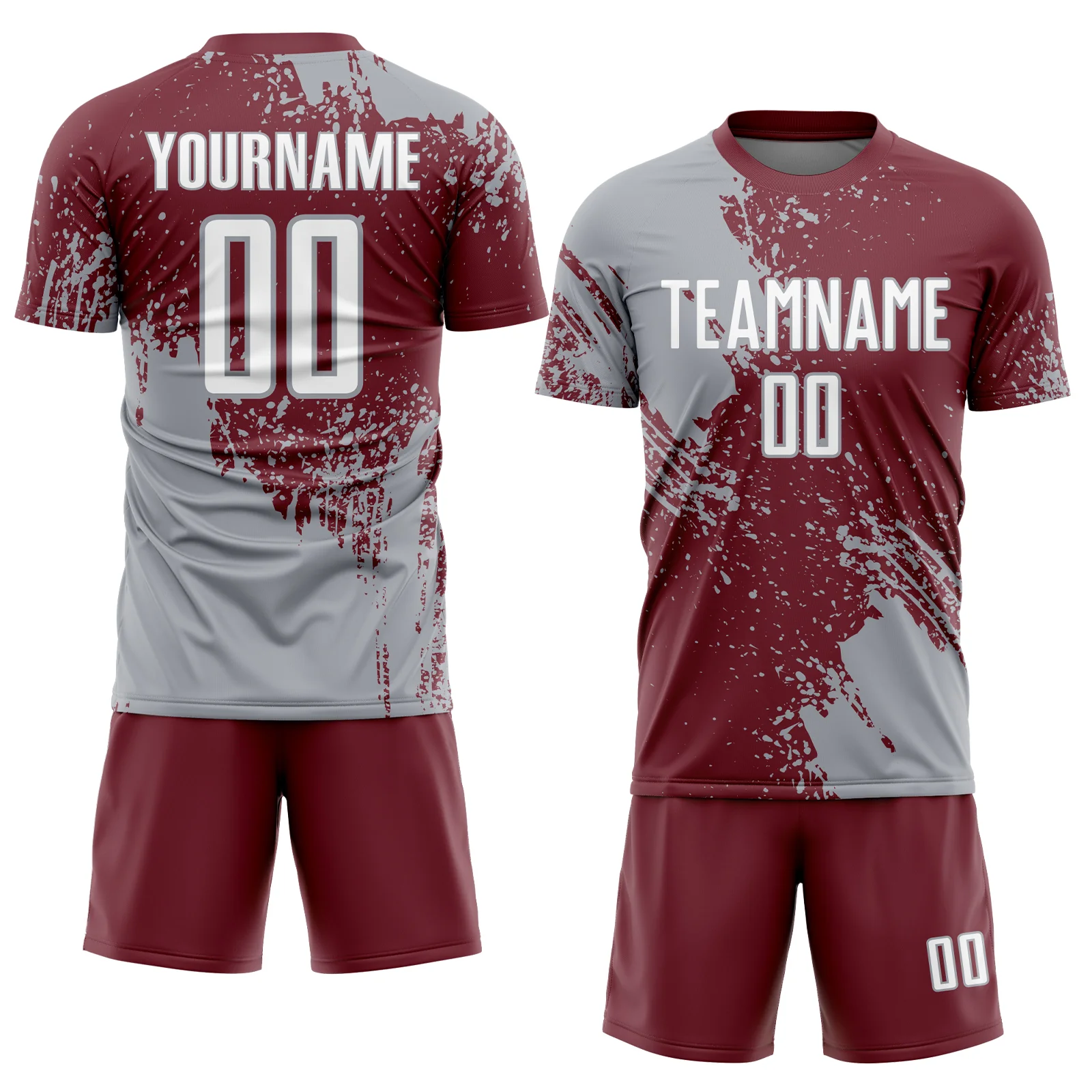 Custom Burgundy White-Gray Abstract Brush Stroke Sports Sublimation Soccer Uniform Jersey - Image 2
