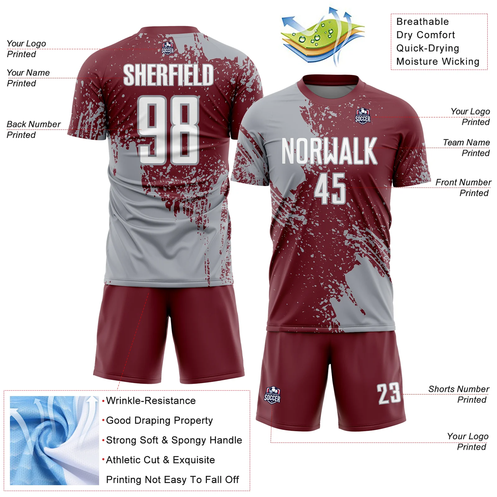 Custom Burgundy White-Gray Abstract Brush Stroke Sports Sublimation Soccer Uniform Jersey - Image 4