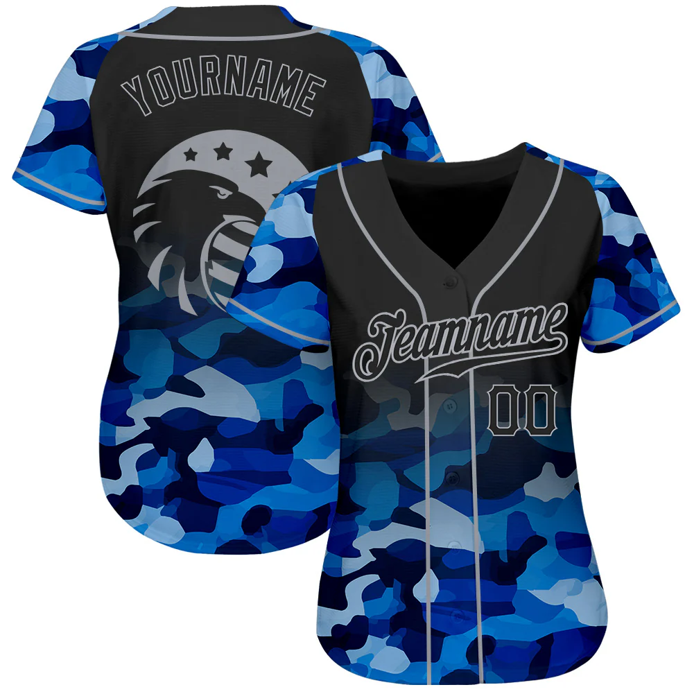 Custom Camo Black-Gray American Flag Patriotic Eagle Raglan Sleeves Authentic Baseball Jersey - Image 2