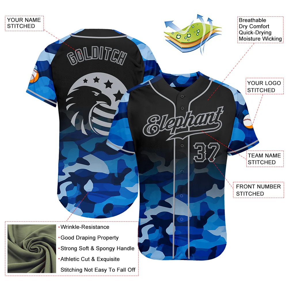 Custom Camo Black-Gray American Flag Patriotic Eagle Raglan Sleeves Authentic Baseball Jersey - Image 3